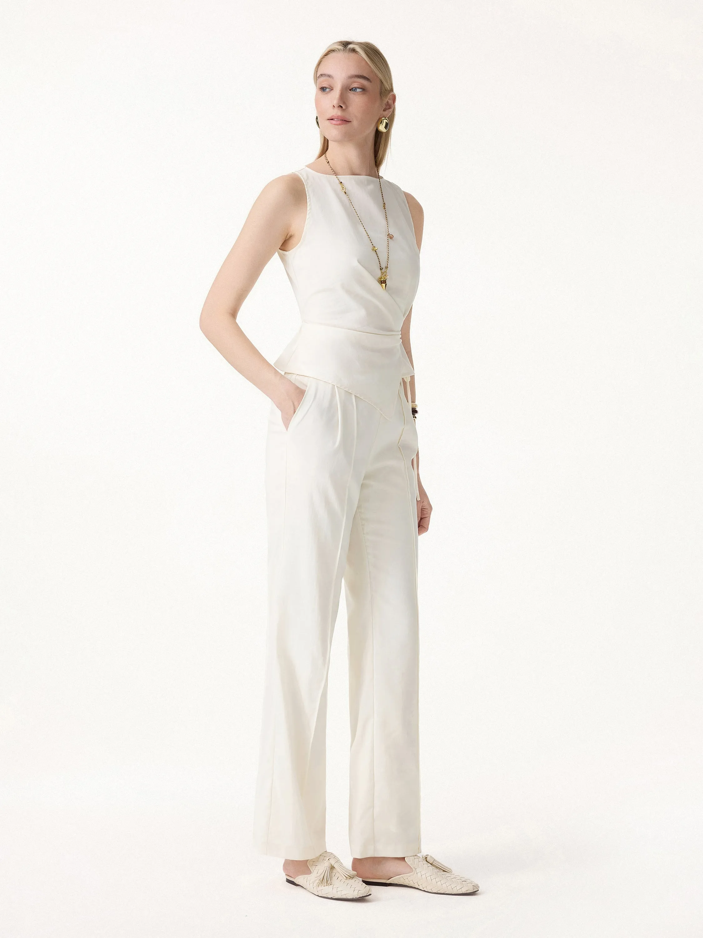 2Pcs Set Boatneck Waist-Defined Top & Pintuck Wide Leg Pants sold by OGLmove product image thumbnail 3