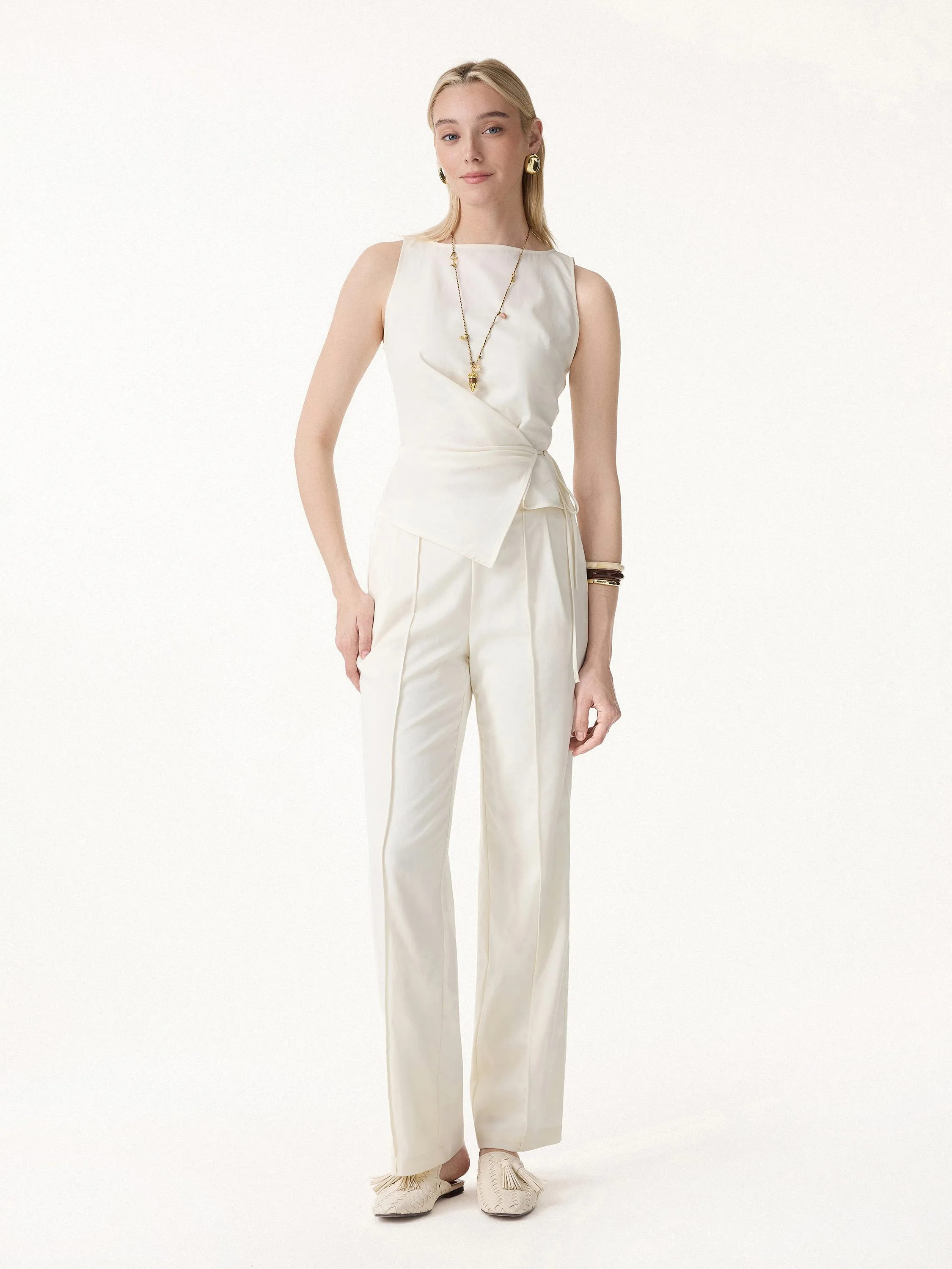 2Pcs Set Boatneck Waist-Defined Top & Pintuck Wide Leg Pants sold by OGLmove