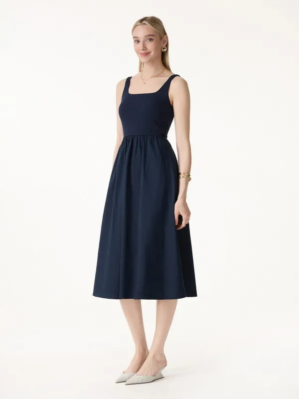 Cotton-Linen Blend Square Neck Fit-and-Flare Midi Bra Dress made by OGLmove