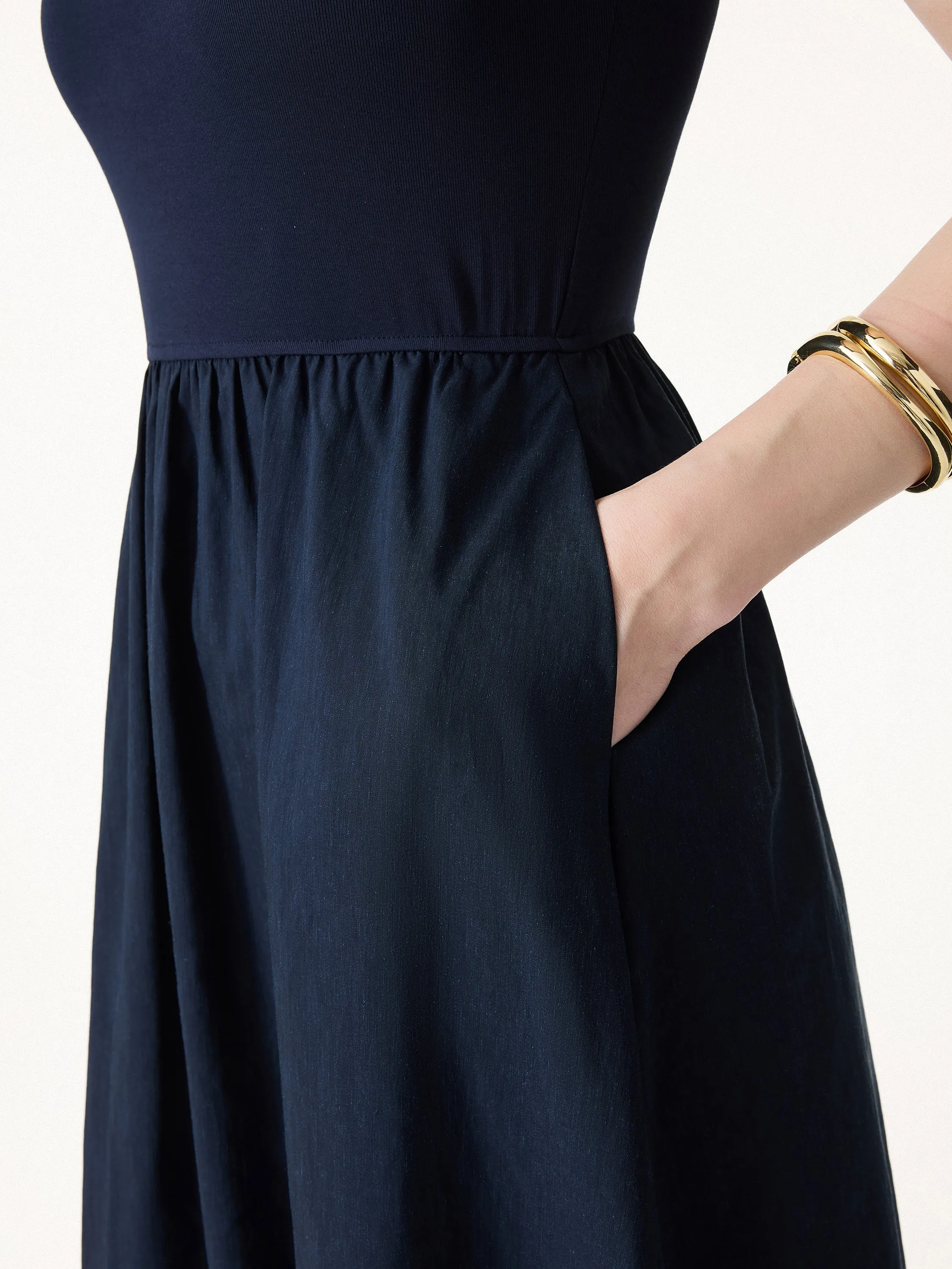 Cotton-Linen Blend Square Neck Fit-and-Flare Midi Bra Dress sold by OGLmove product image thumbnail 3