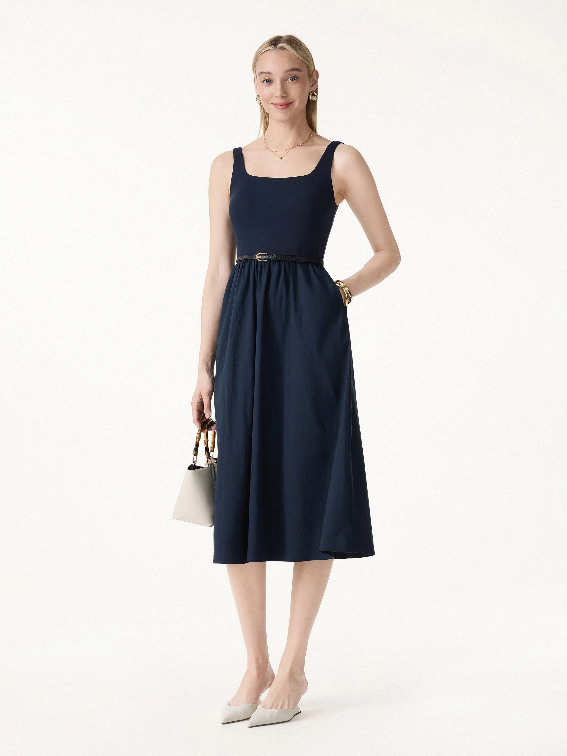 Cotton-Linen Blend Square Neck Fit-and-Flare Midi Bra Dress sold by OGLmove product image thumbnail 5