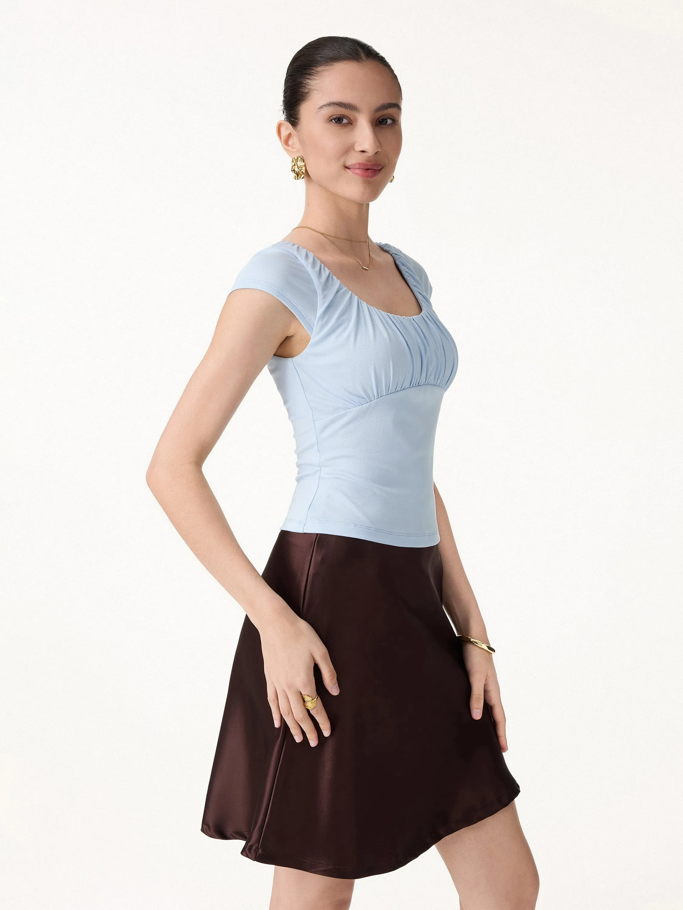 Linen-Blend Jersey Ruched Square Neck Cropped Bra Top sold by OGLmove product image thumbnail 5