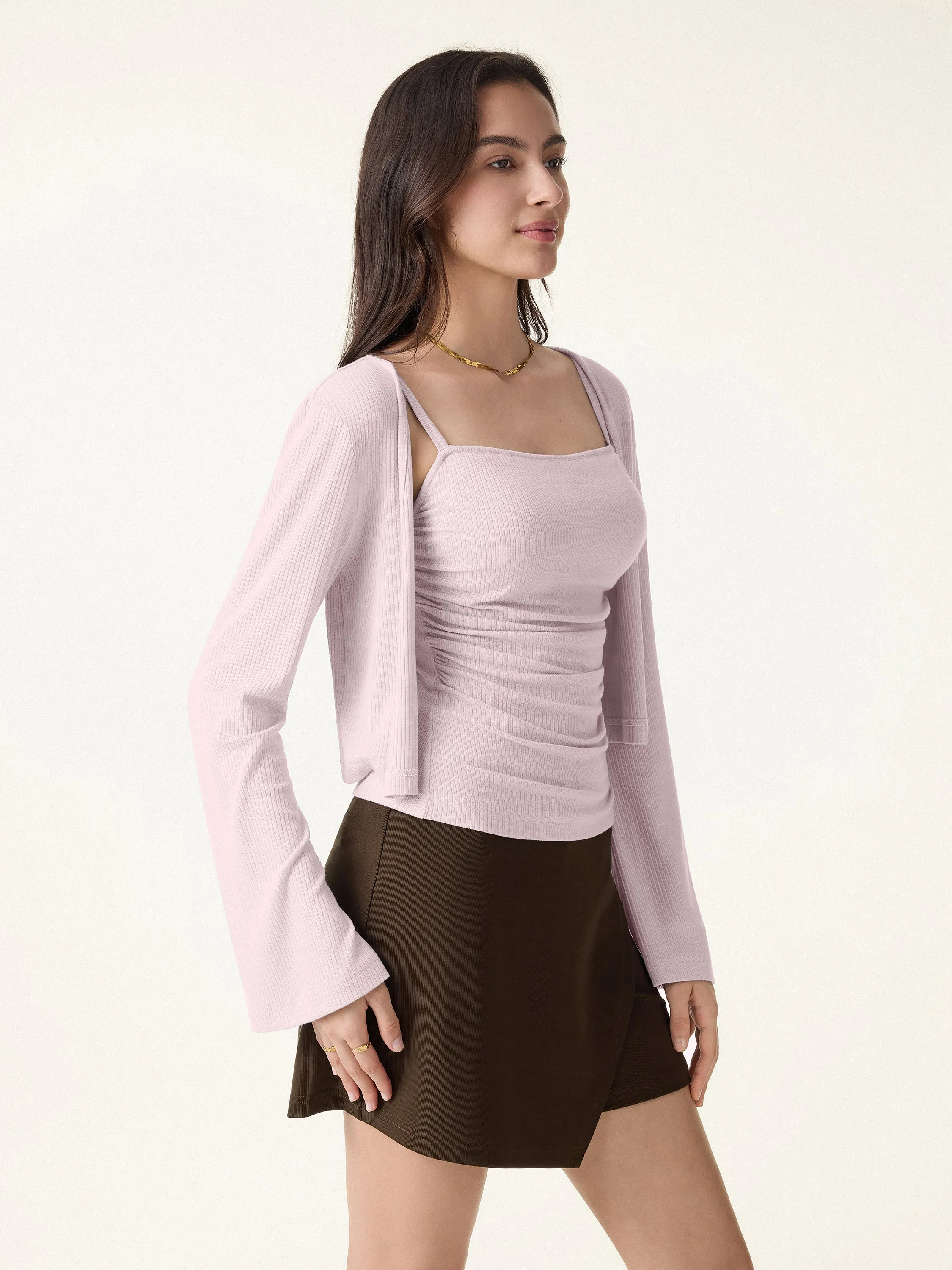 Soft Bell Sleeve Millennial Pink Cropped Cardigan sold by OGLmove product image thumbnail 2
