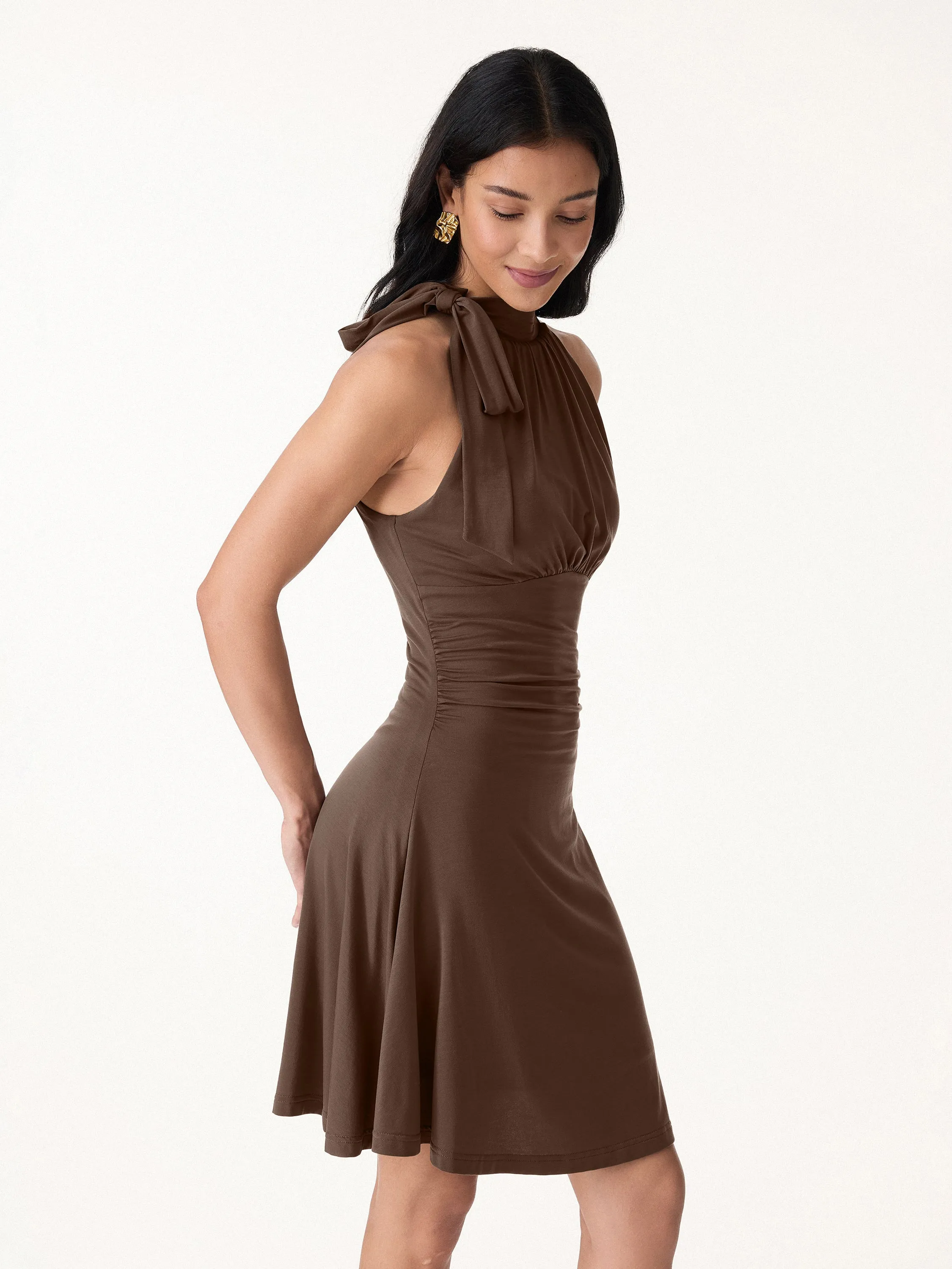 Milky Matte Mockneck Bow Tie Ruched Mini Bra Dress sold by OGLmove