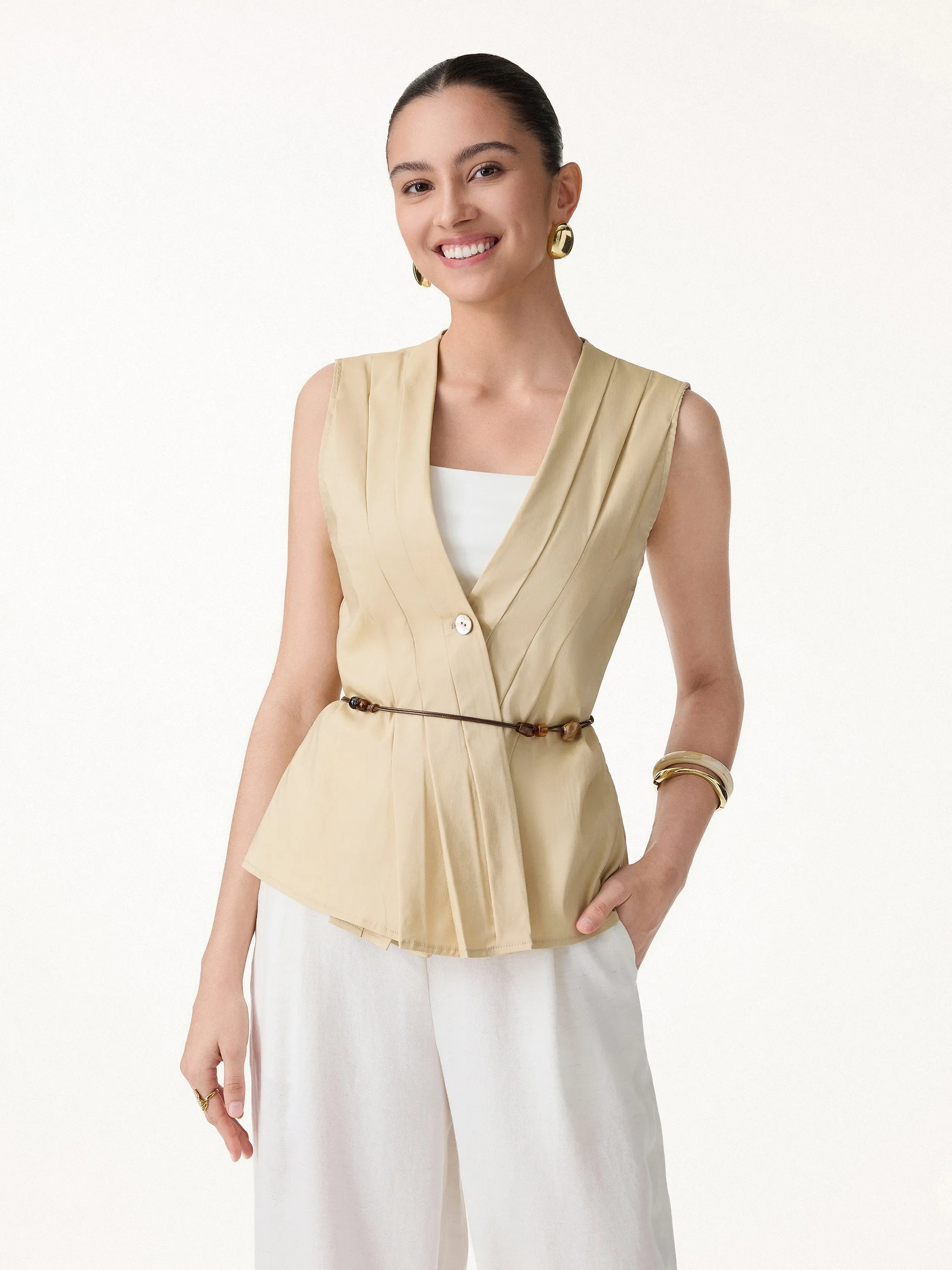 Stretch Linen Blend Pleated Top sold by OGLmove