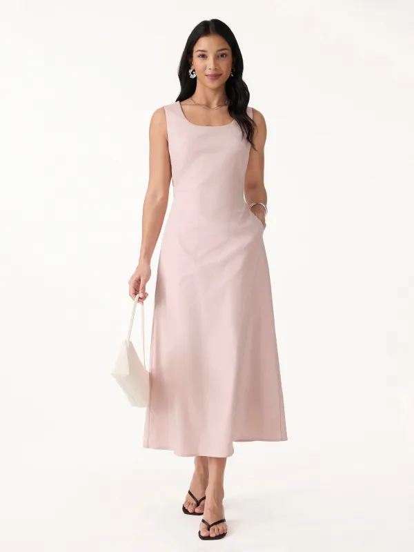 Wrinkle-Resistant Linen Blend U-Neck Maxi Dress with Pockets made by OGLmove