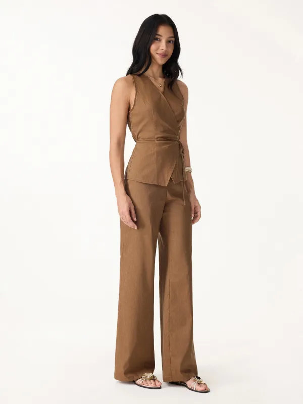 2Pcs Set Wrap Top with Self-Tie & Drawstring Wide Leg Pant with Pockets made by OGLmove
