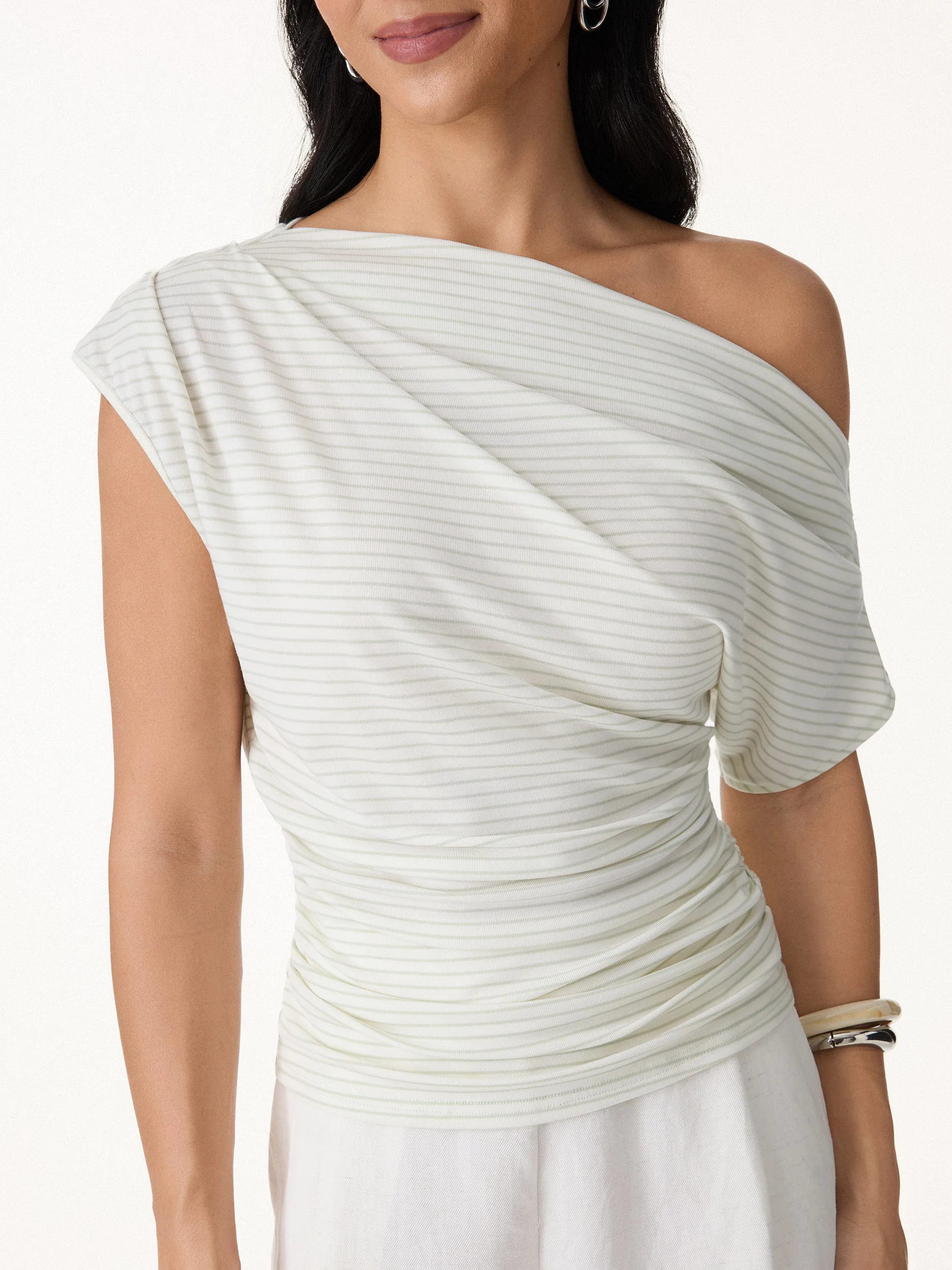 Striped Asymmetrical Neck Ruched Top sold by OGLmove product image thumbnail 5