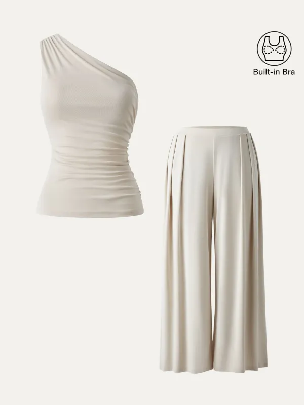 2Pcs Set Petite Wide Leg Palazzo Pant with Pockets & Ruched Bra Tank made by OGLmove
