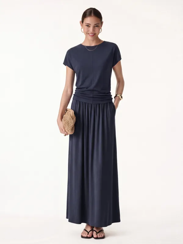 2Pcs Set Round Neck Top & A-Line Maxi Skirt with Pockets made by OGLmove