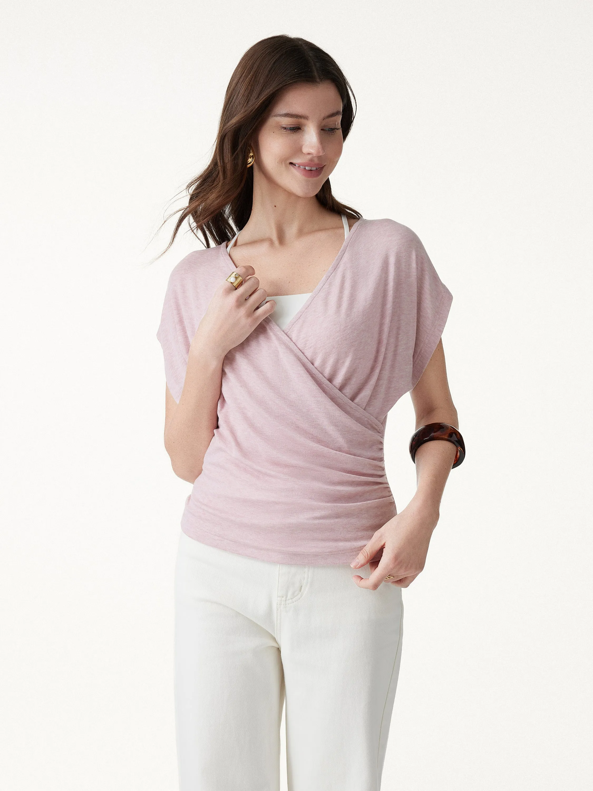 Summer Lyocell Wool Suprlice Ruched Short Sleeve Top sold by OGLmove product image thumbnail 4