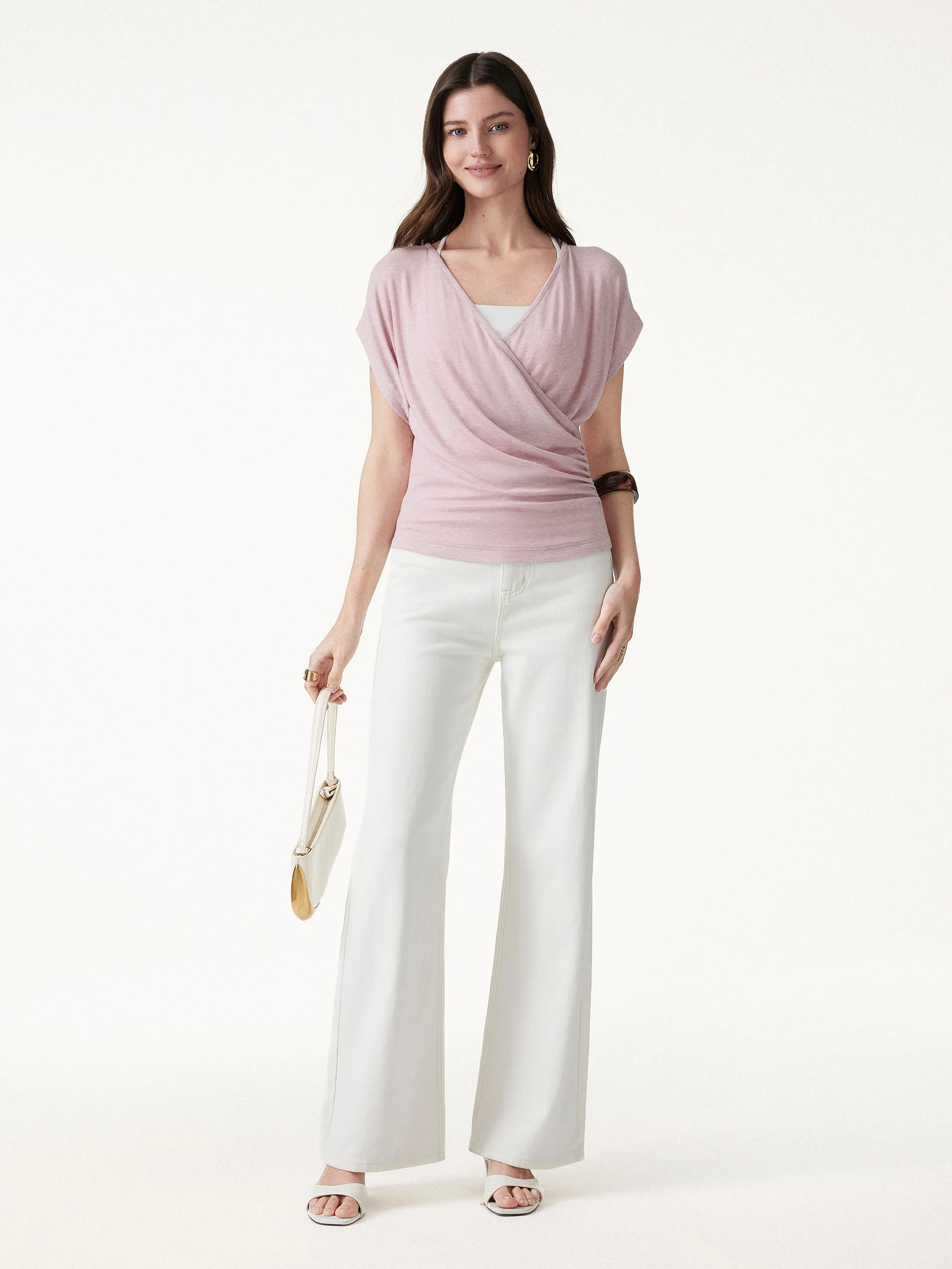 Summer Lyocell Wool Suprlice Ruched Short Sleeve Top sold by OGLmove product image thumbnail 3