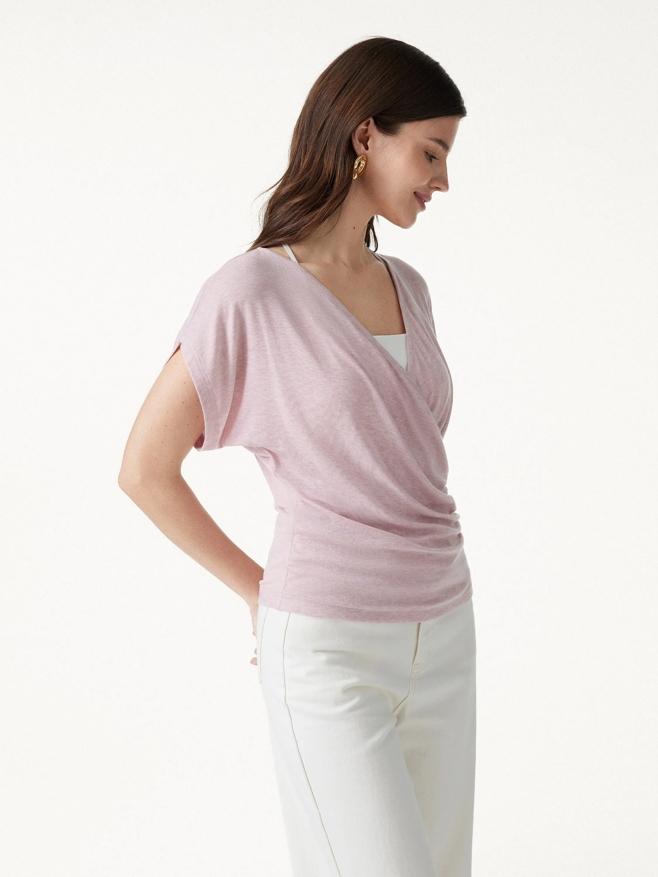 Summer Lyocell Wool Suprlice Ruched Short Sleeve Top sold by OGLmove product image thumbnail 5