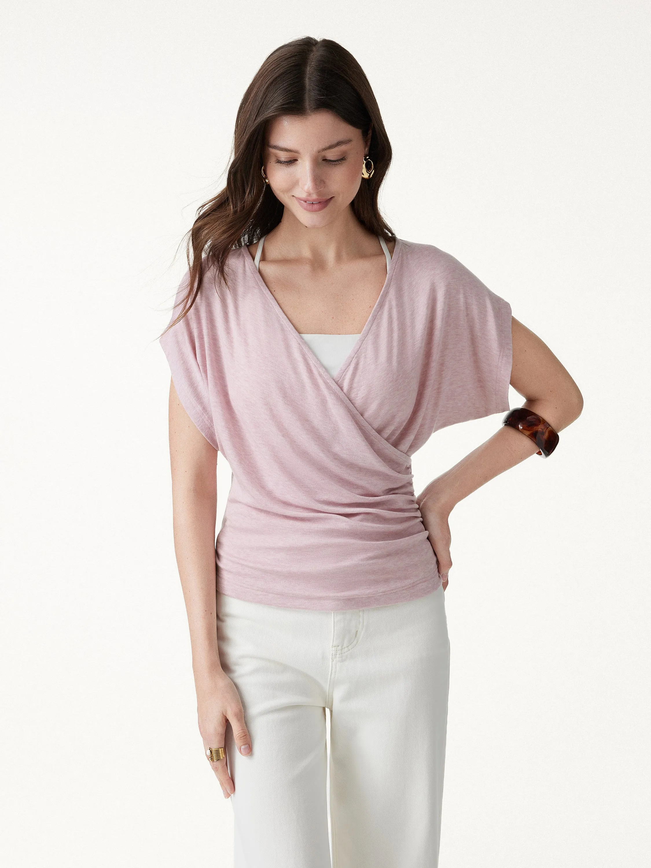Summer Lyocell Wool Suprlice Ruched Short Sleeve Top sold by OGLmove