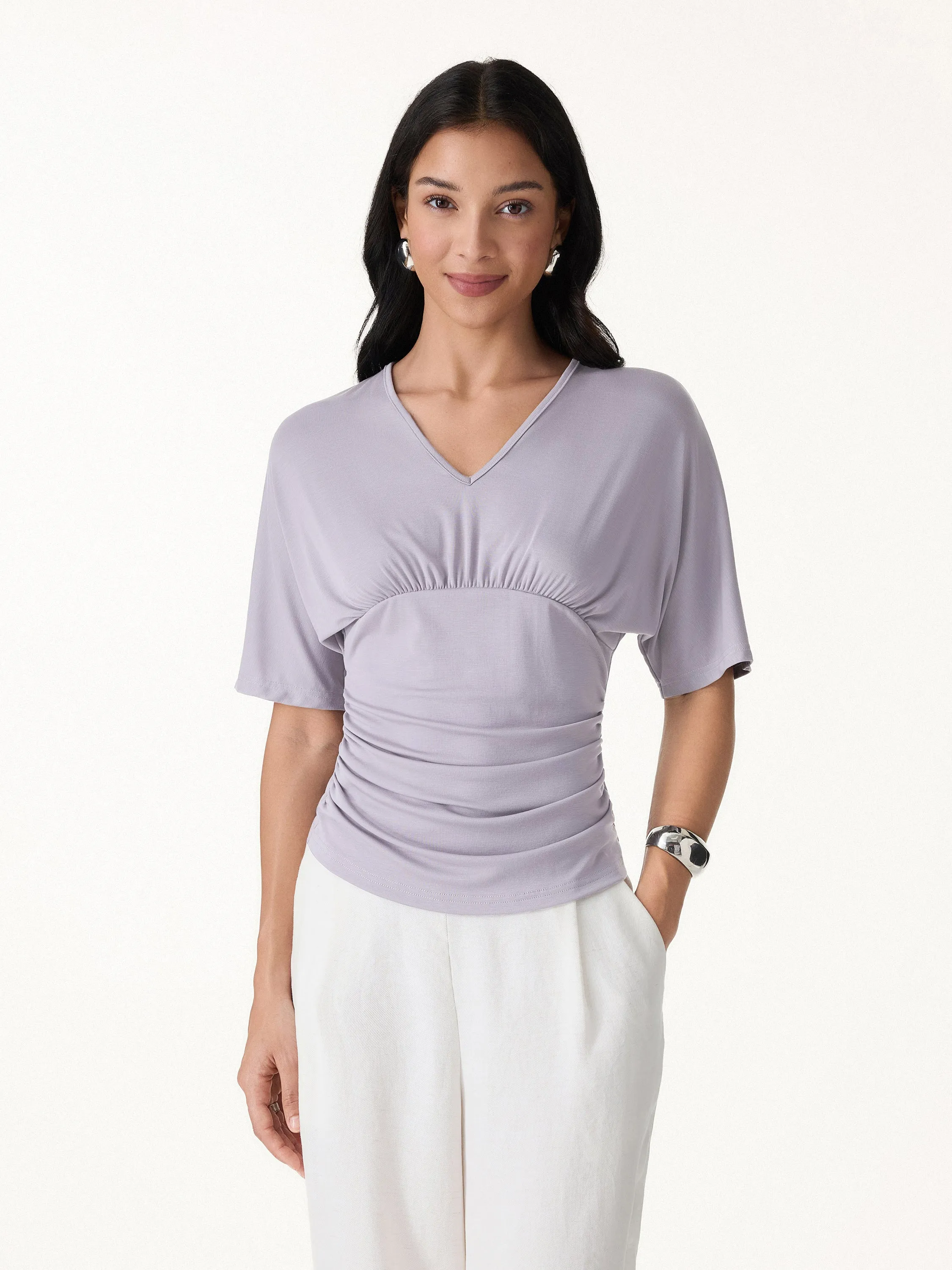 CoolTouch V-Neck Ruched Short Sleeve Summer Tee sold by OGLmove product image thumbnail 4