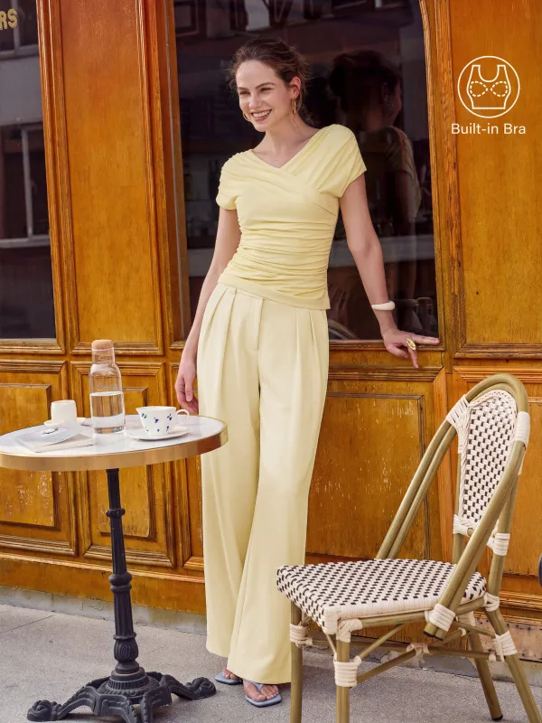 2Pcs Set Surplice V-Neck Bra Top & Mid Rise Wide Leg Work Pant made by OGLmove