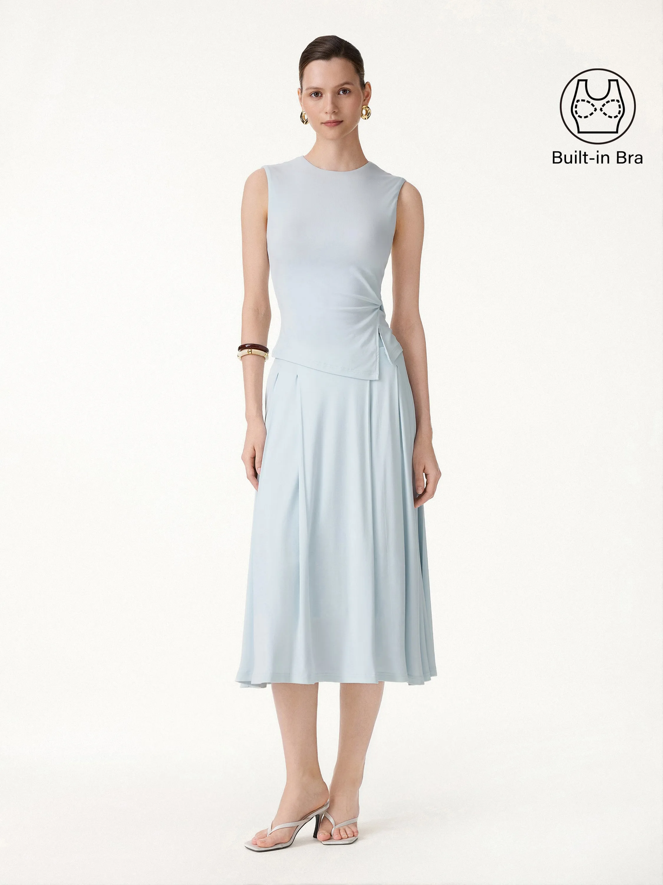 2Pcs Set Round Neck Twisted Bra Tank with Slit& Midi Skirt with Pockets sold by OGLmove