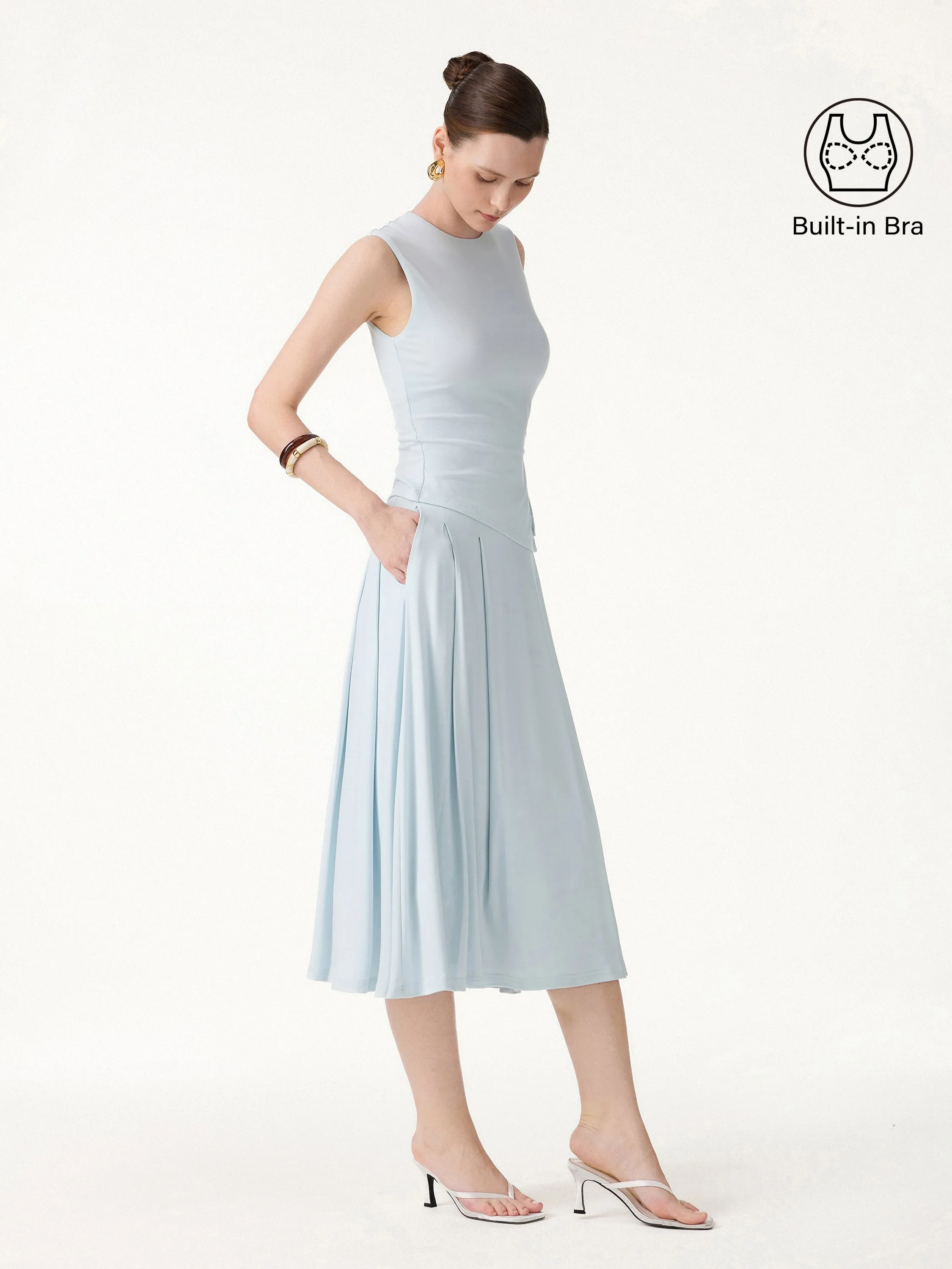 2Pcs Set Round Neck Twisted Bra Tank with Slit& Midi Skirt with Pockets sold by OGLmove product image thumbnail 4