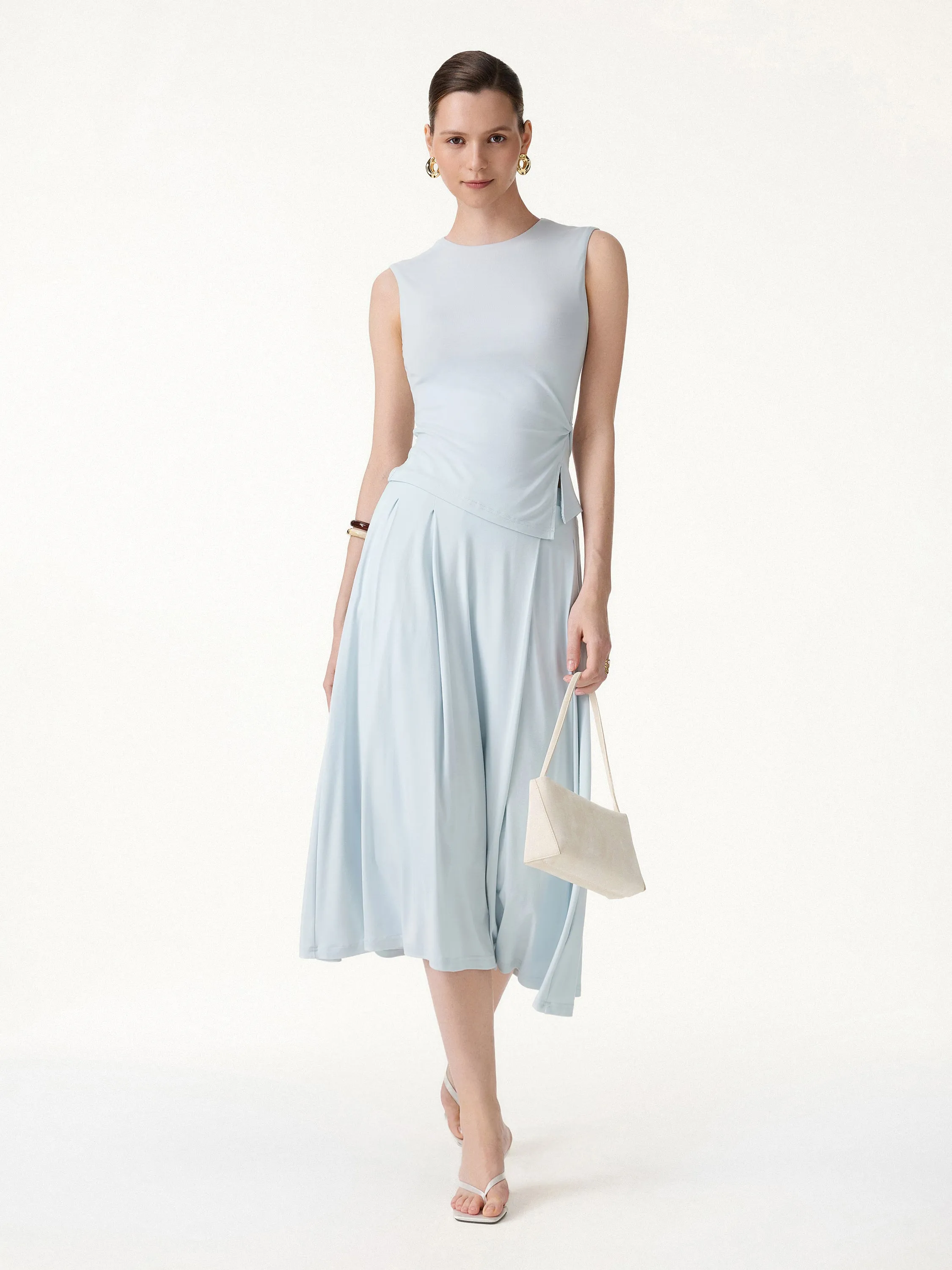 2Pcs Set Round Neck Twisted Bra Tank with Slit& Midi Skirt with Pockets sold by OGLmove product image thumbnail 2