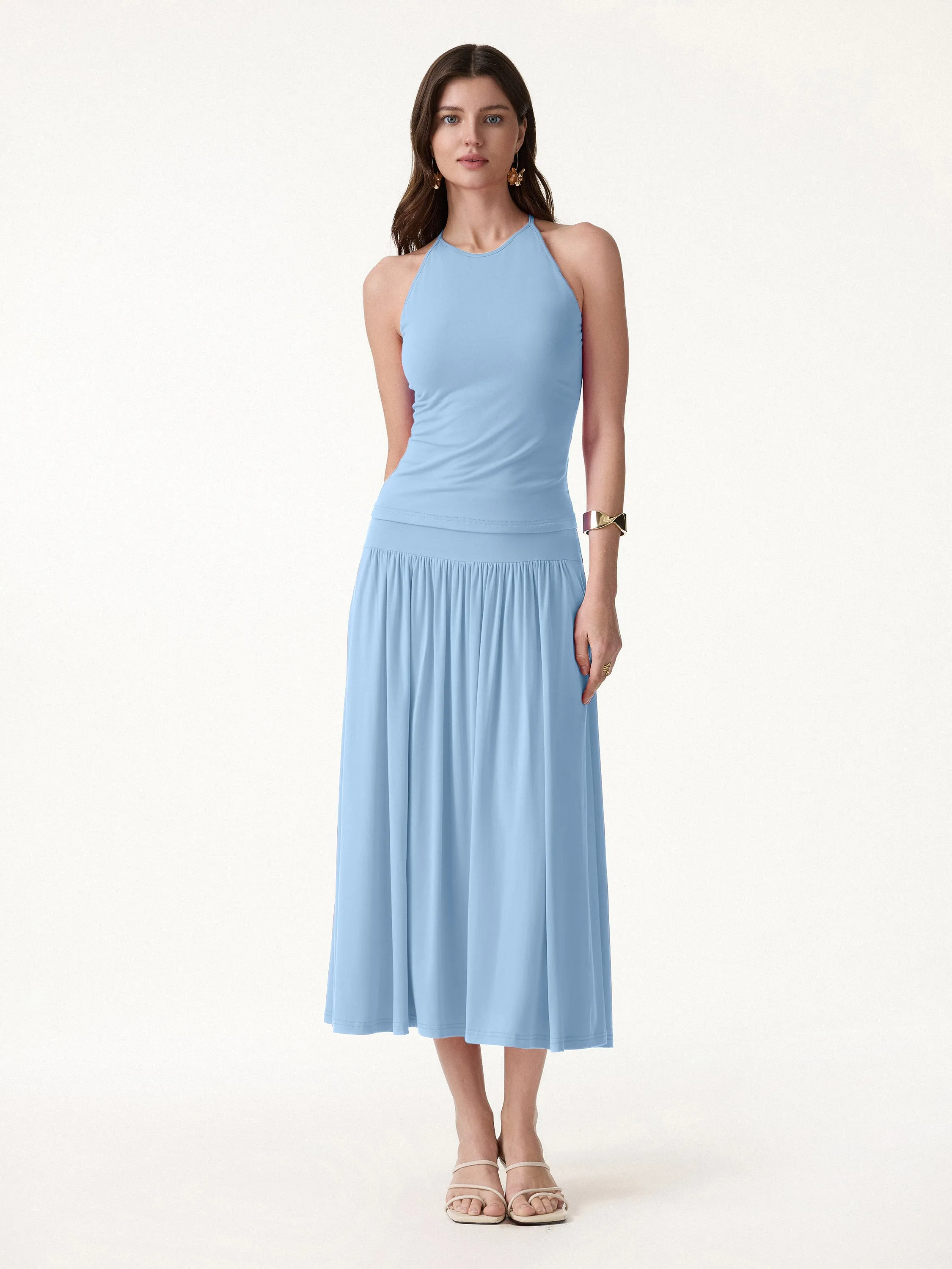 2Pcs Set Round Neck Cross-Back Bra Top & Midi Skirt with Pockets sold by OGLmove product image thumbnail 2
