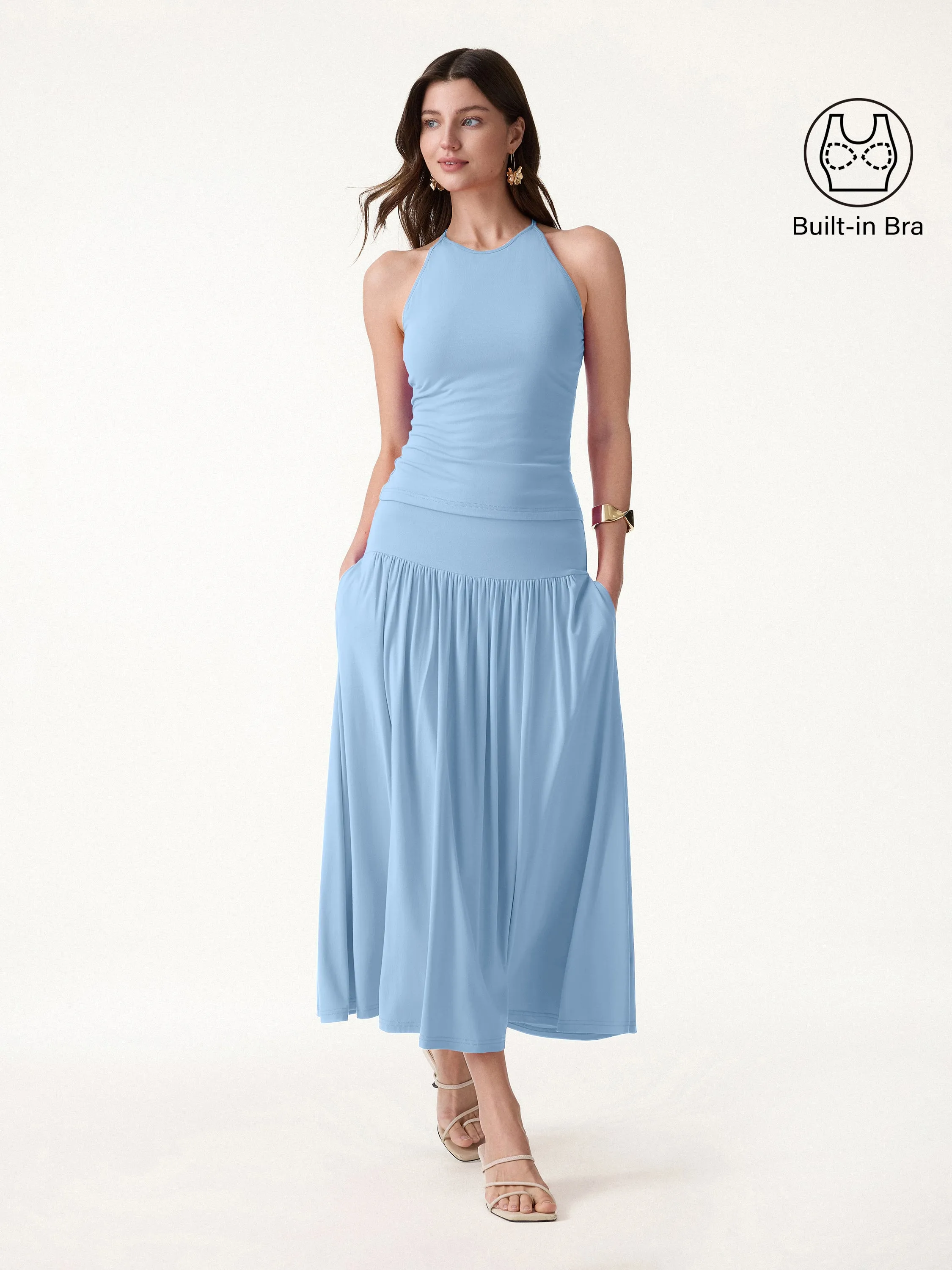 2Pcs Set Round Neck Cross-Back Bra Top & Midi Skirt with Pockets sold by OGLmove