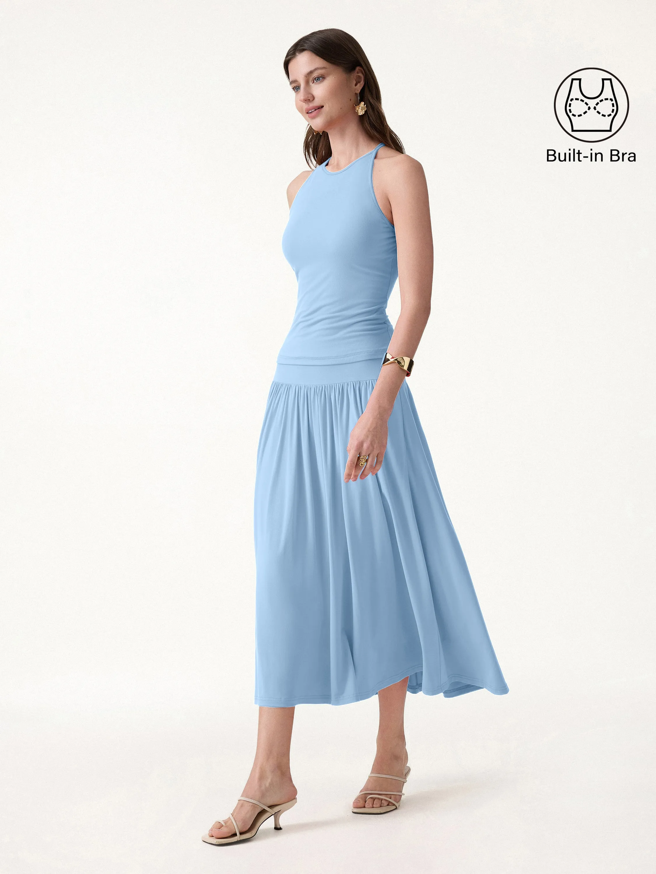 2Pcs Set Round Neck Cross-Back Bra Top & Midi Skirt with Pockets sold by OGLmove product image thumbnail 3