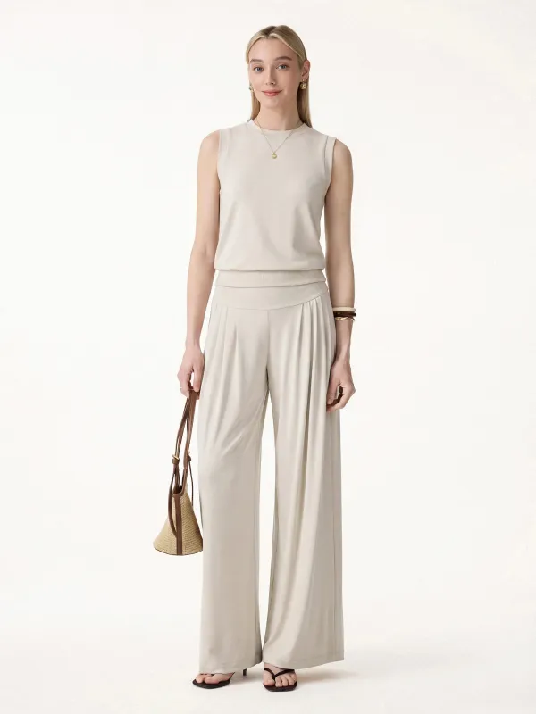 2Pcs Set Crew Neck Top & Flowy Tucked Palazzo Pant with Pockets made by OGLmove