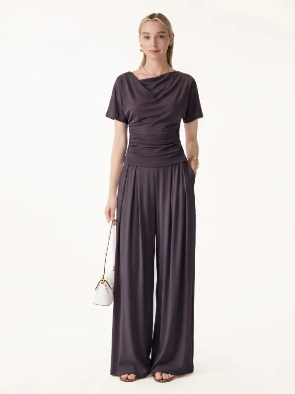 2Pcs Set Cowl Neck Ruched Top & Wide Leg Palazzo Pant with Pockets made by OGLmove