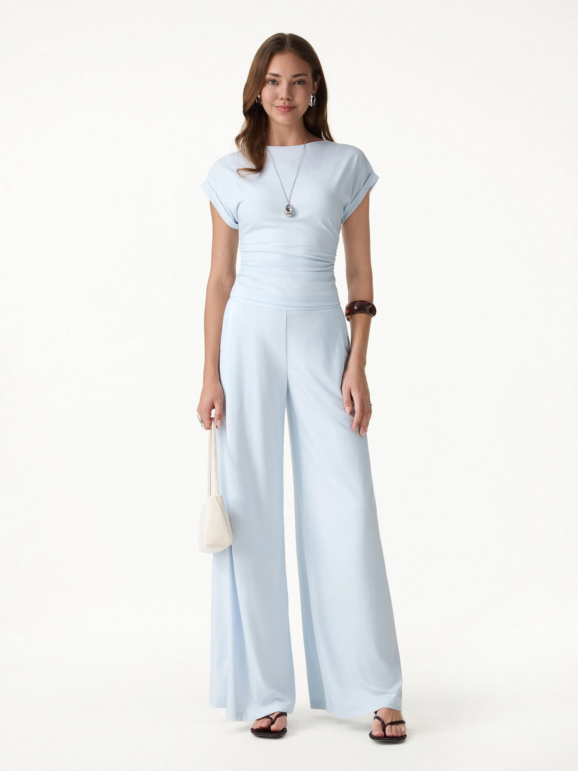 2Pcs Set Round Neck Ruched Tee & Mid Rise Wide Leg Pants sold by OGLmove product image thumbnail 3