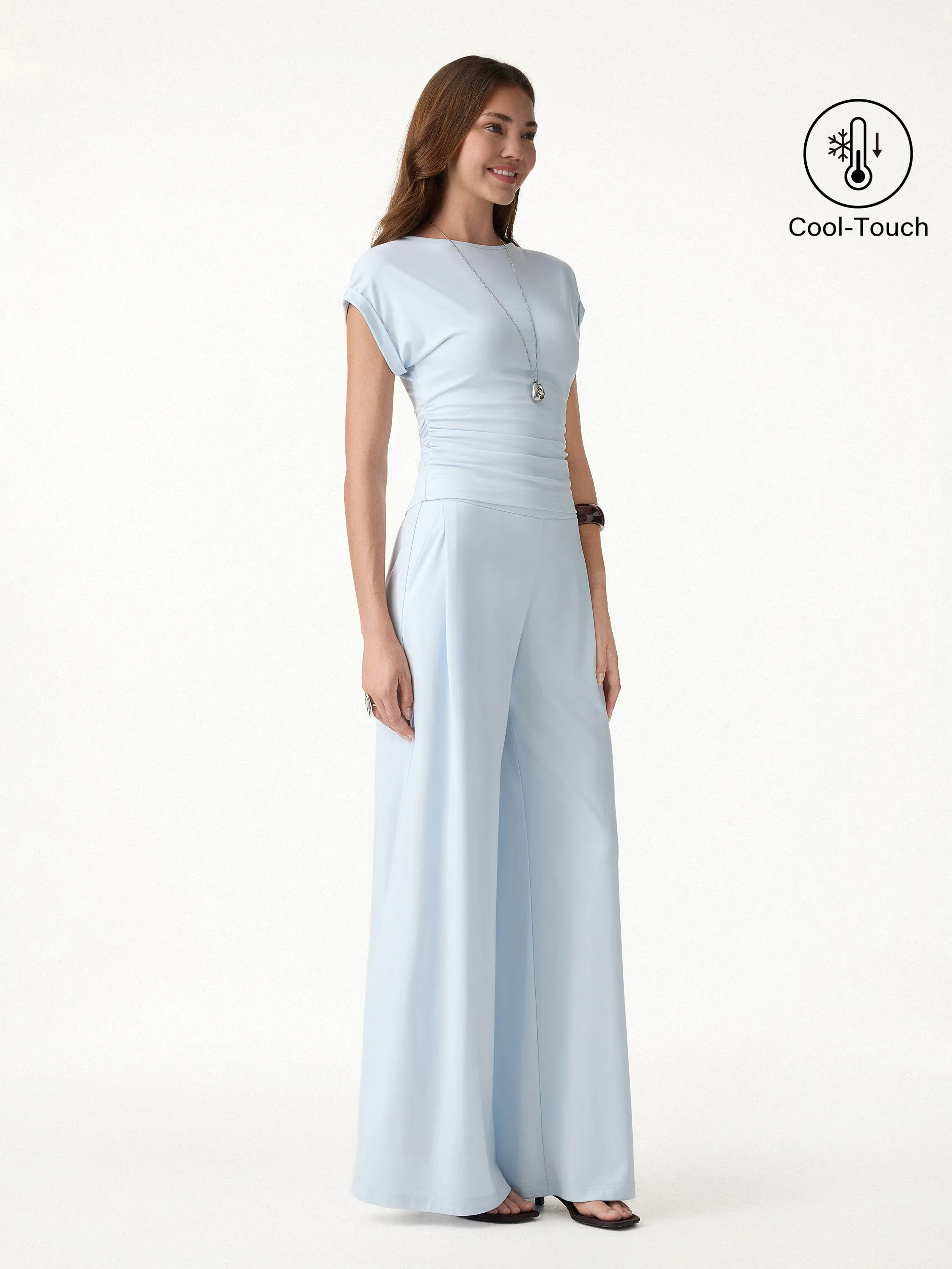 2Pcs Set Round Neck Ruched Tee & Mid Rise Wide Leg Pants sold by OGLmove product image thumbnail 4