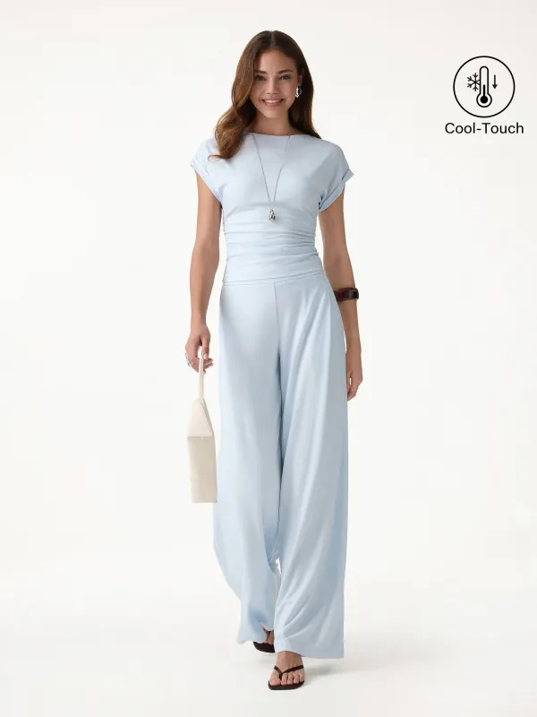 2Pcs Set Round Neck Ruched Tee & Mid Rise Wide Leg Pants made by OGLmove