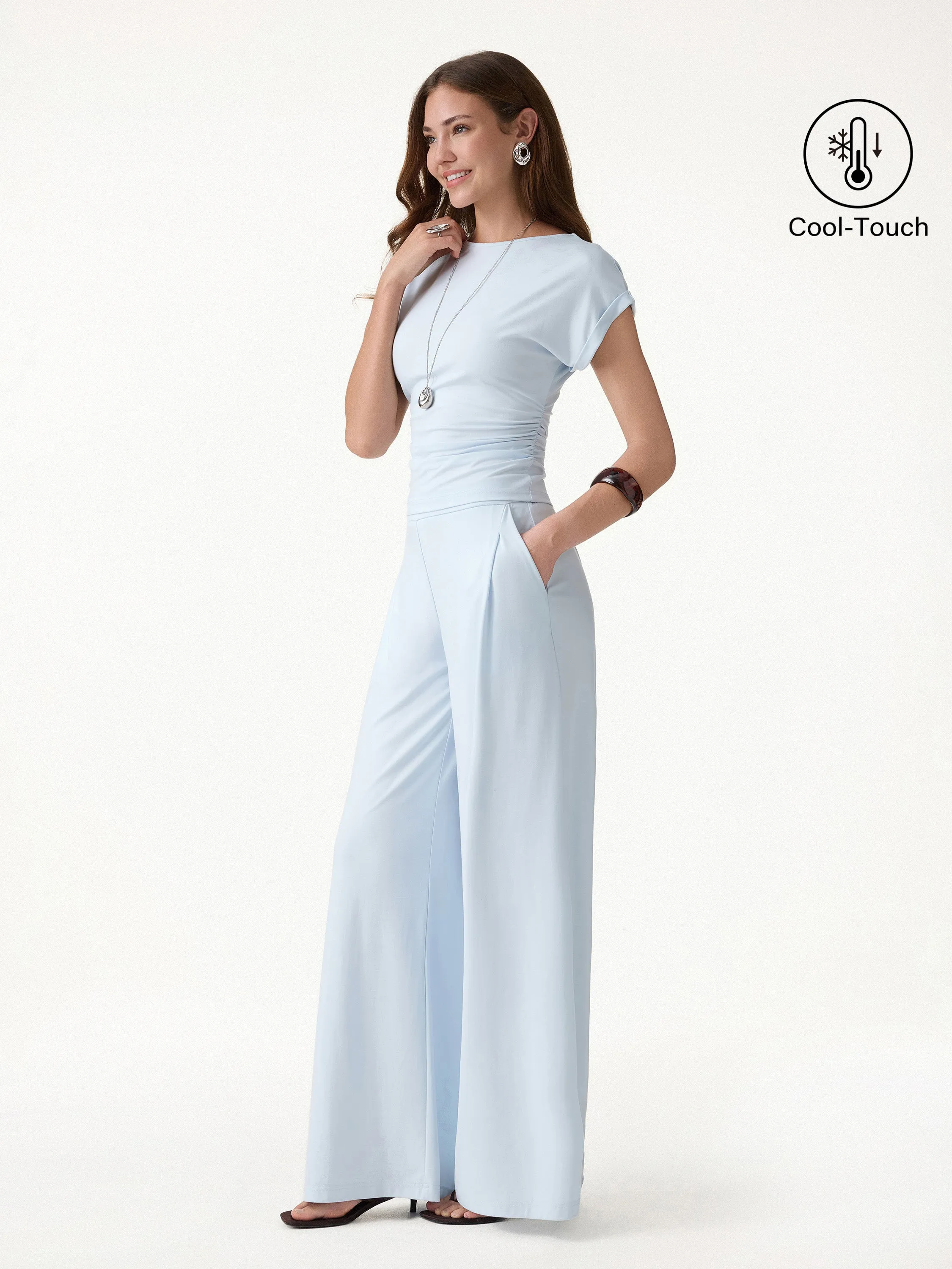 2Pcs Set Round Neck Ruched Tee & Mid Rise Wide Leg Pants sold by OGLmove product image thumbnail 2