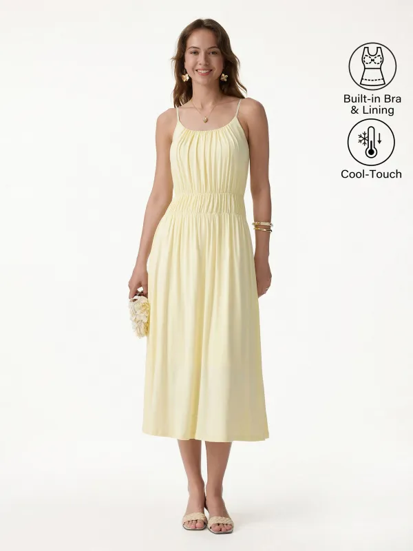 Vacay Gathered U-Neck Spaghetti Midi Bra Dress with Pockets made by OGLmove
