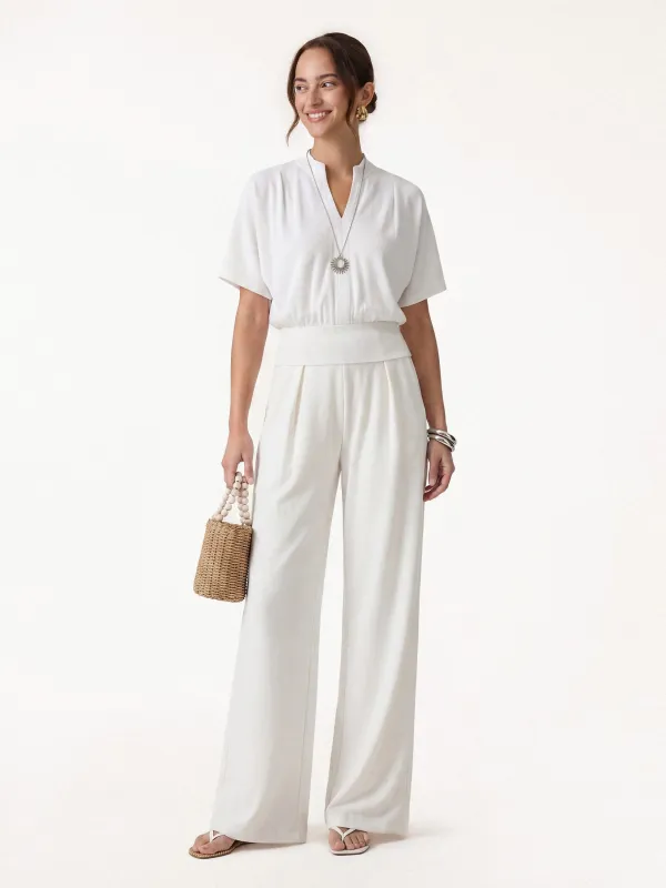 2Pcs Set Stand Collar V-Neck Top & Wide Flare Pant with Pockets made by OGLmove