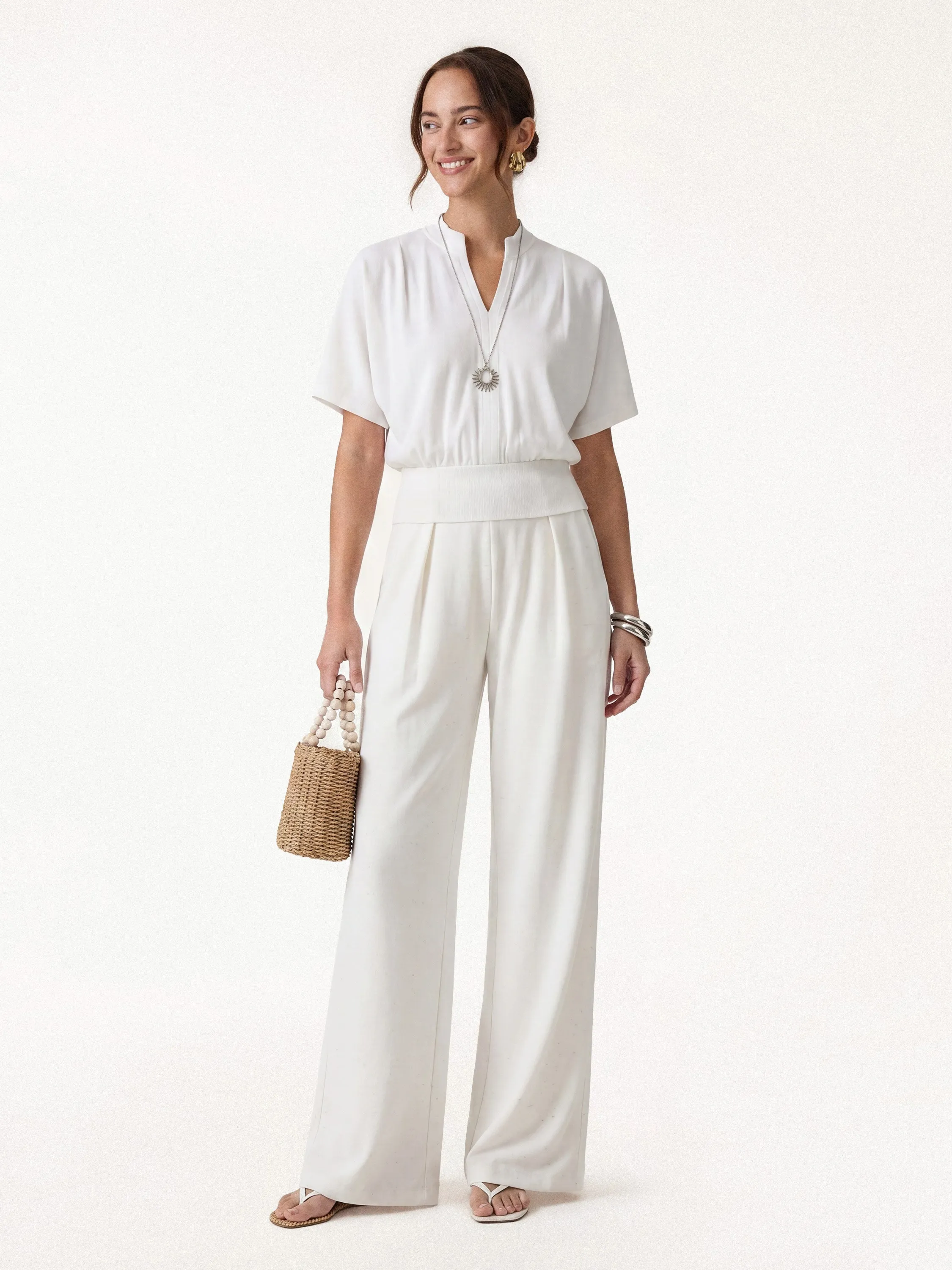 2Pcs Set Stand Collar V-Neck Top & Wide Flare Pant with Pockets sold by OGLmove