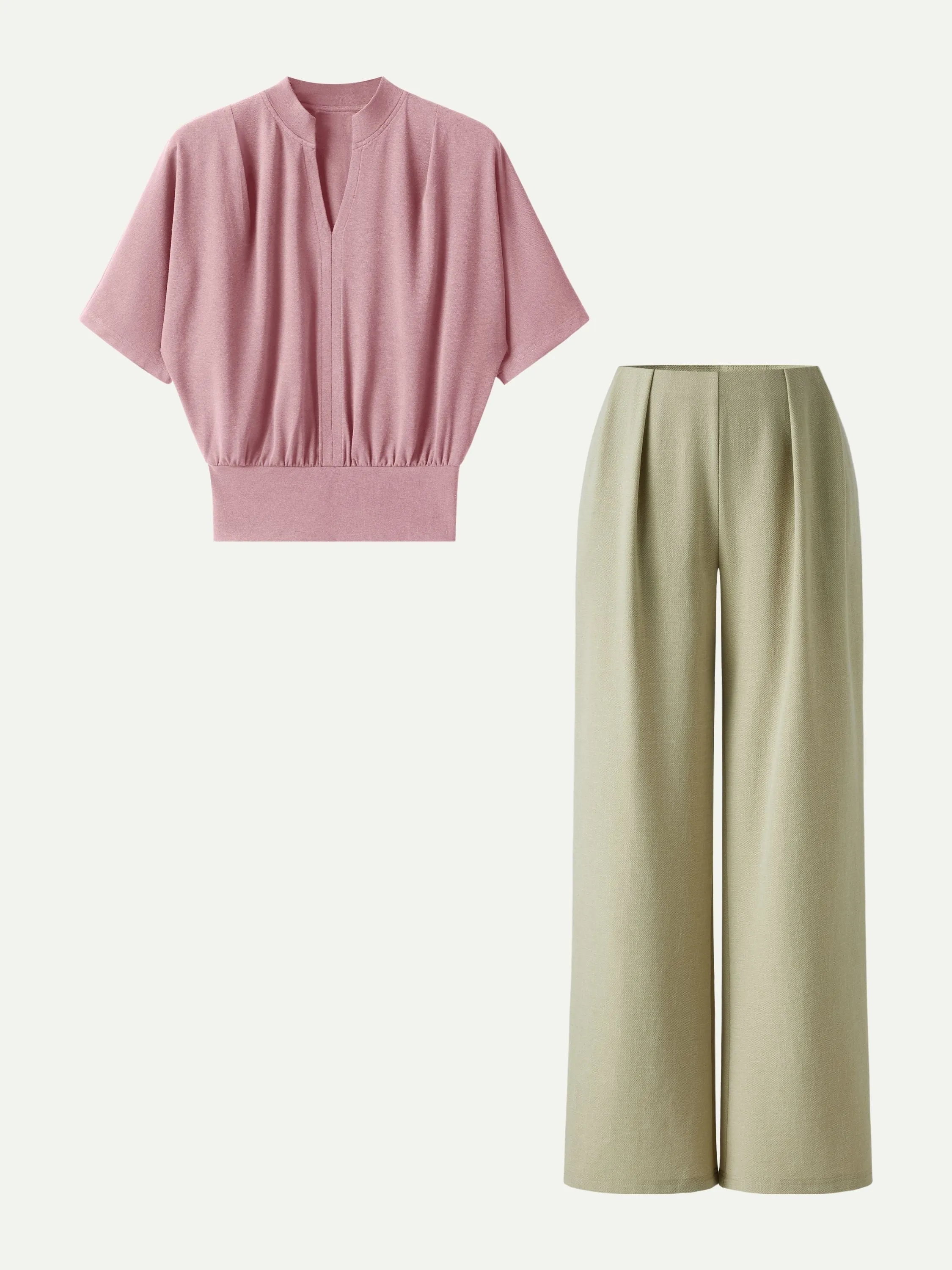 2Pcs Set Stand Collar V-Neck Top & Wide Flare Pant with Pockets sold by OGLmove product image thumbnail 3