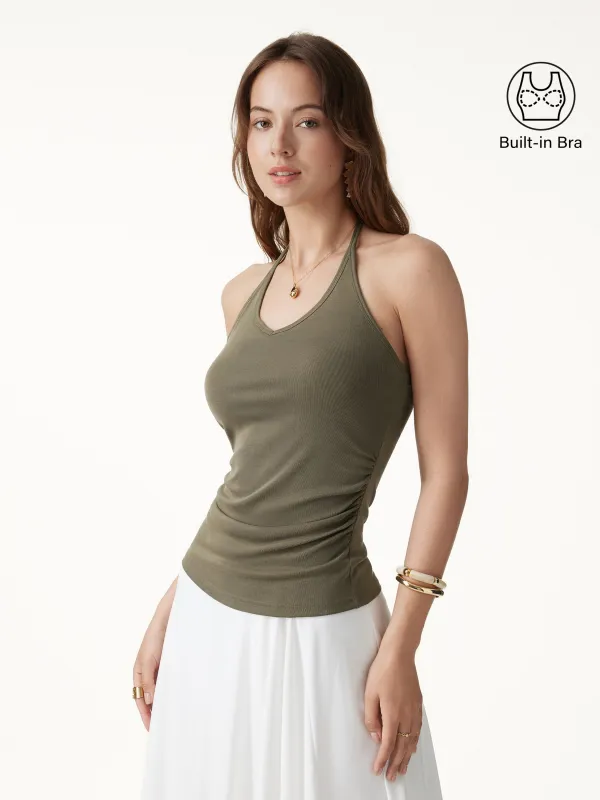Sandwashed Modal Halter Neck Open Back Ruched Bra Top made by OGLmove