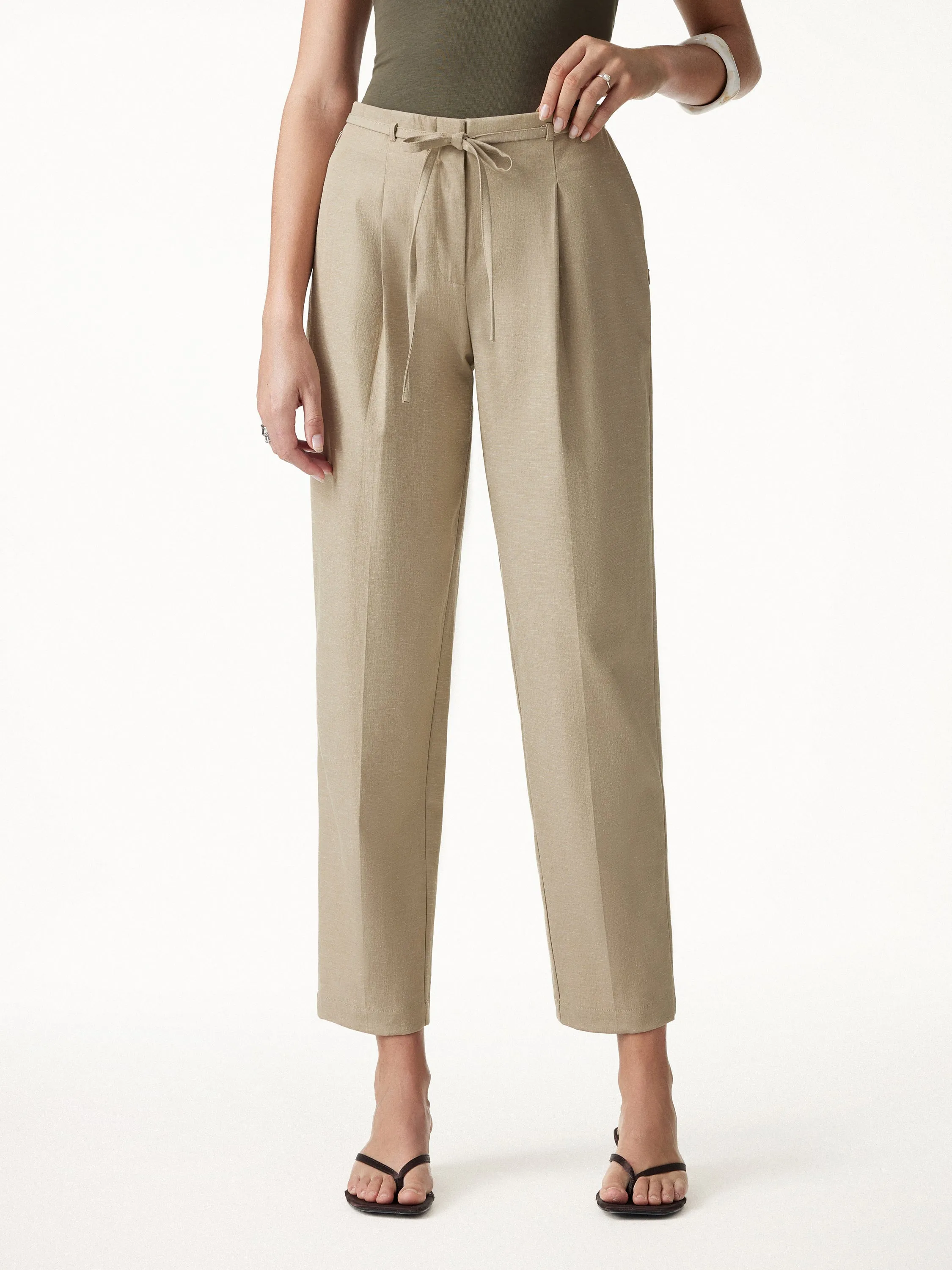Wrinkle-Resistant Linen-Like Cropped Tapered Leg Pants with Pockets sold by OGLmove product image thumbnail 5