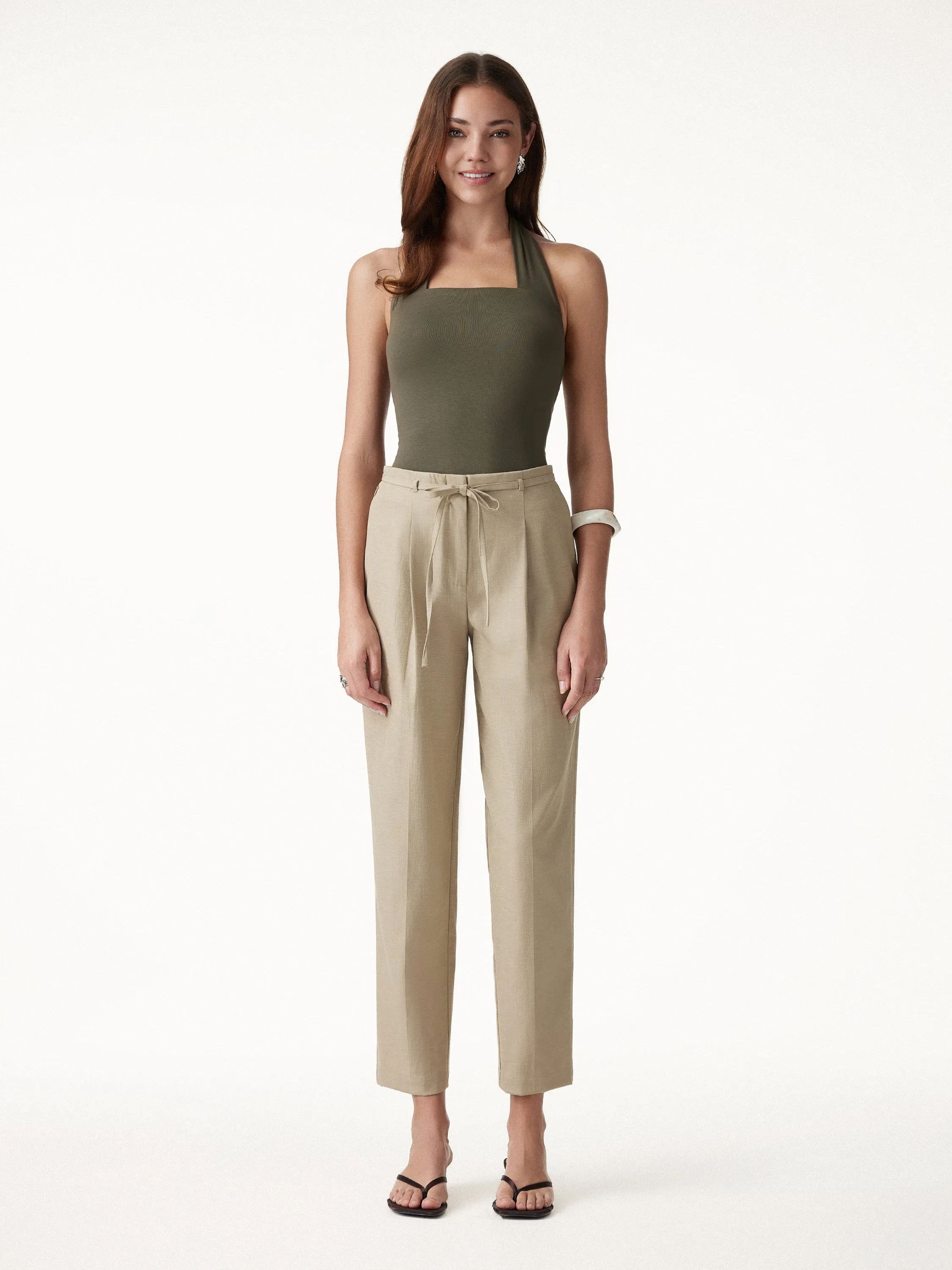 Wrinkle-Resistant Linen-Like Cropped Tapered Leg Pants with Pockets sold by OGLmove product image thumbnail 4