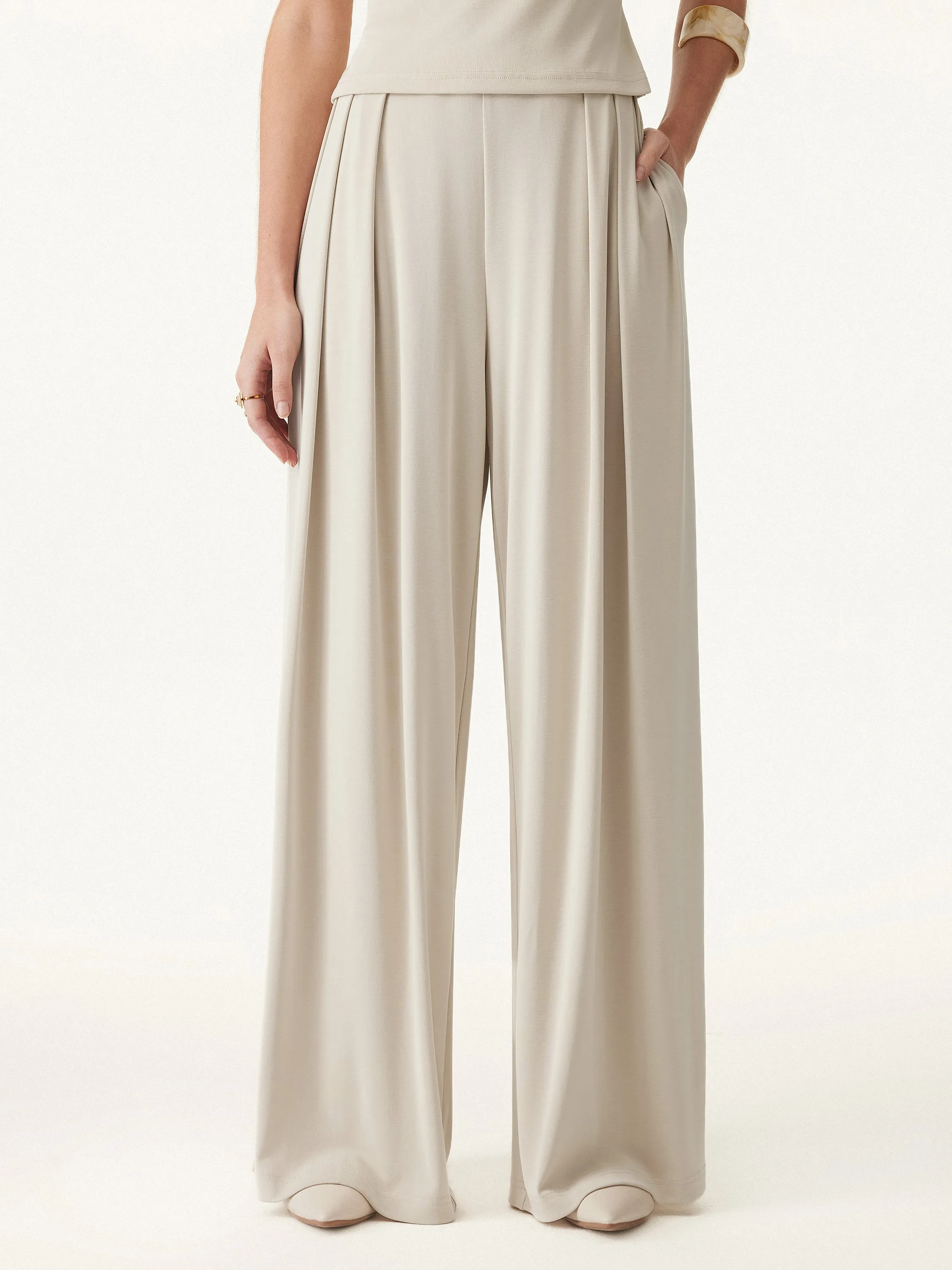 Mid Rise Pleated Wide Leg Palazzo Pants with Pockets sold by OGLmove product image thumbnail 4