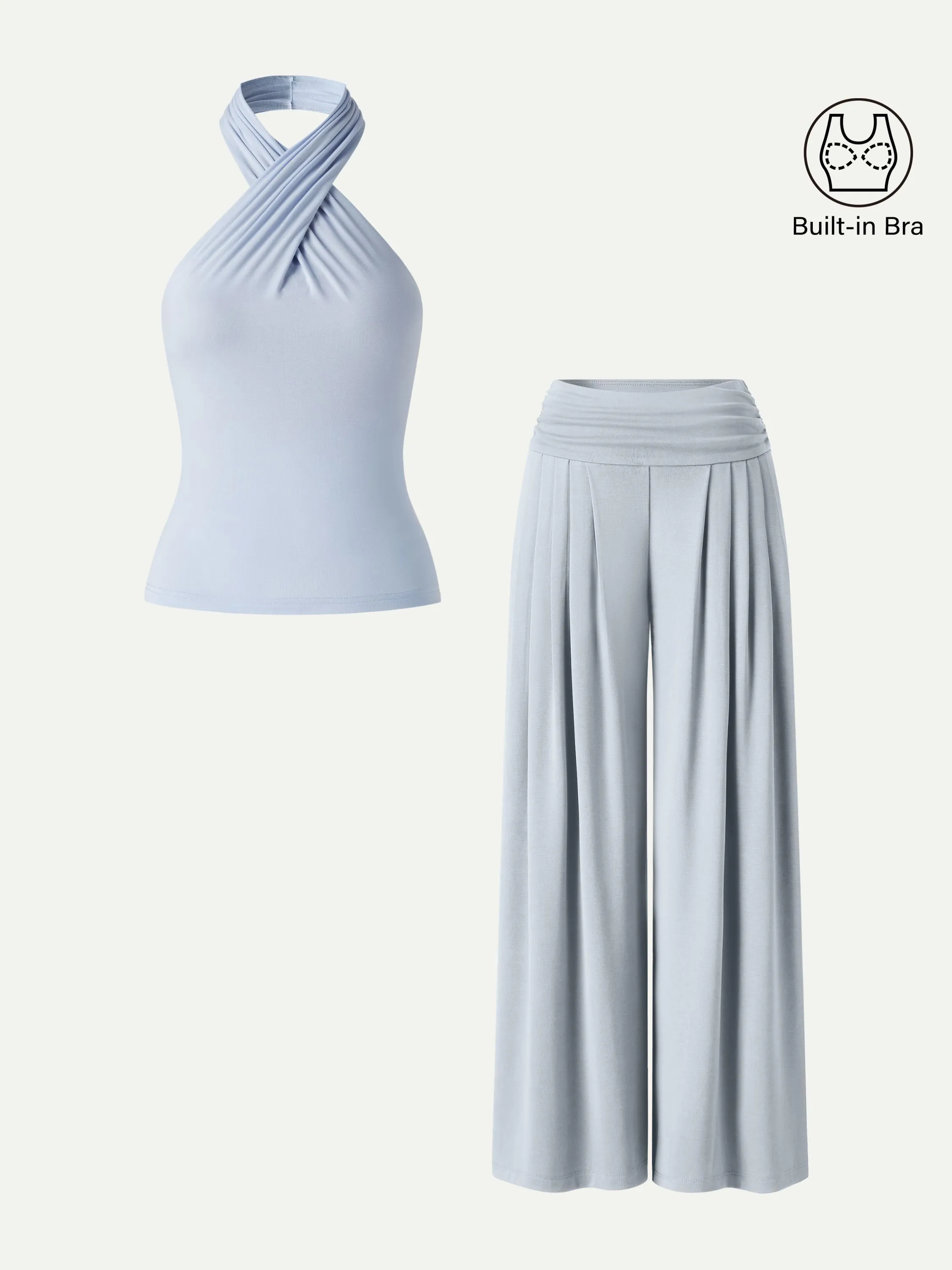 2Pcs Set Criss Cross Bra Top & Tucked Palazzo Pants with Pockets sold by OGLmove product image thumbnail 2