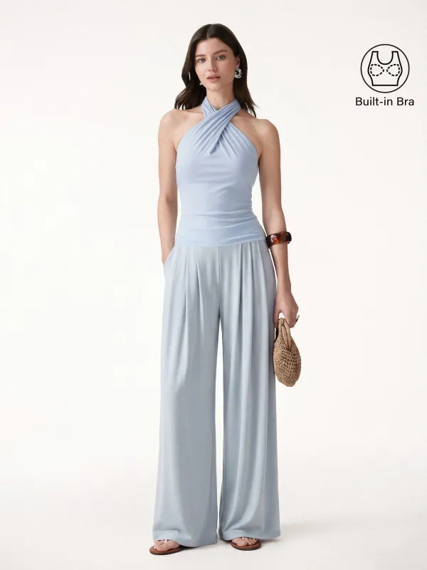2Pcs Set Criss Cross Bra Top & Tucked Palazzo Pants with Pockets made by OGLmove