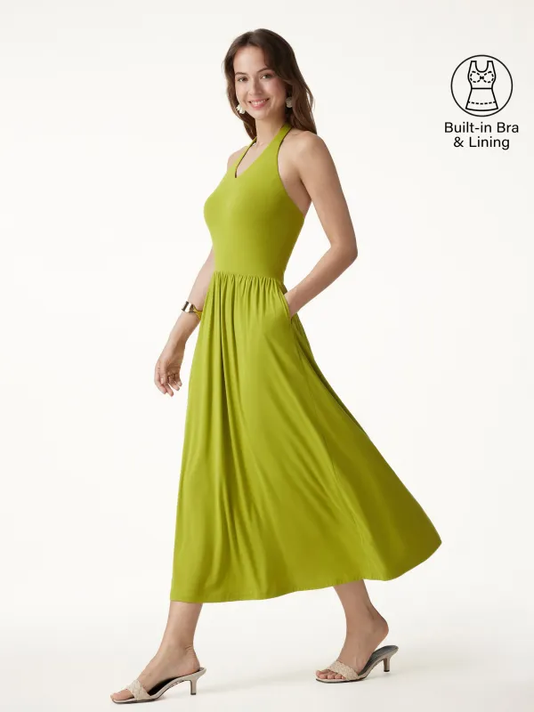 SkinKiss Halter Ruched Midi Bra Dress with Pockets made by OGLmove