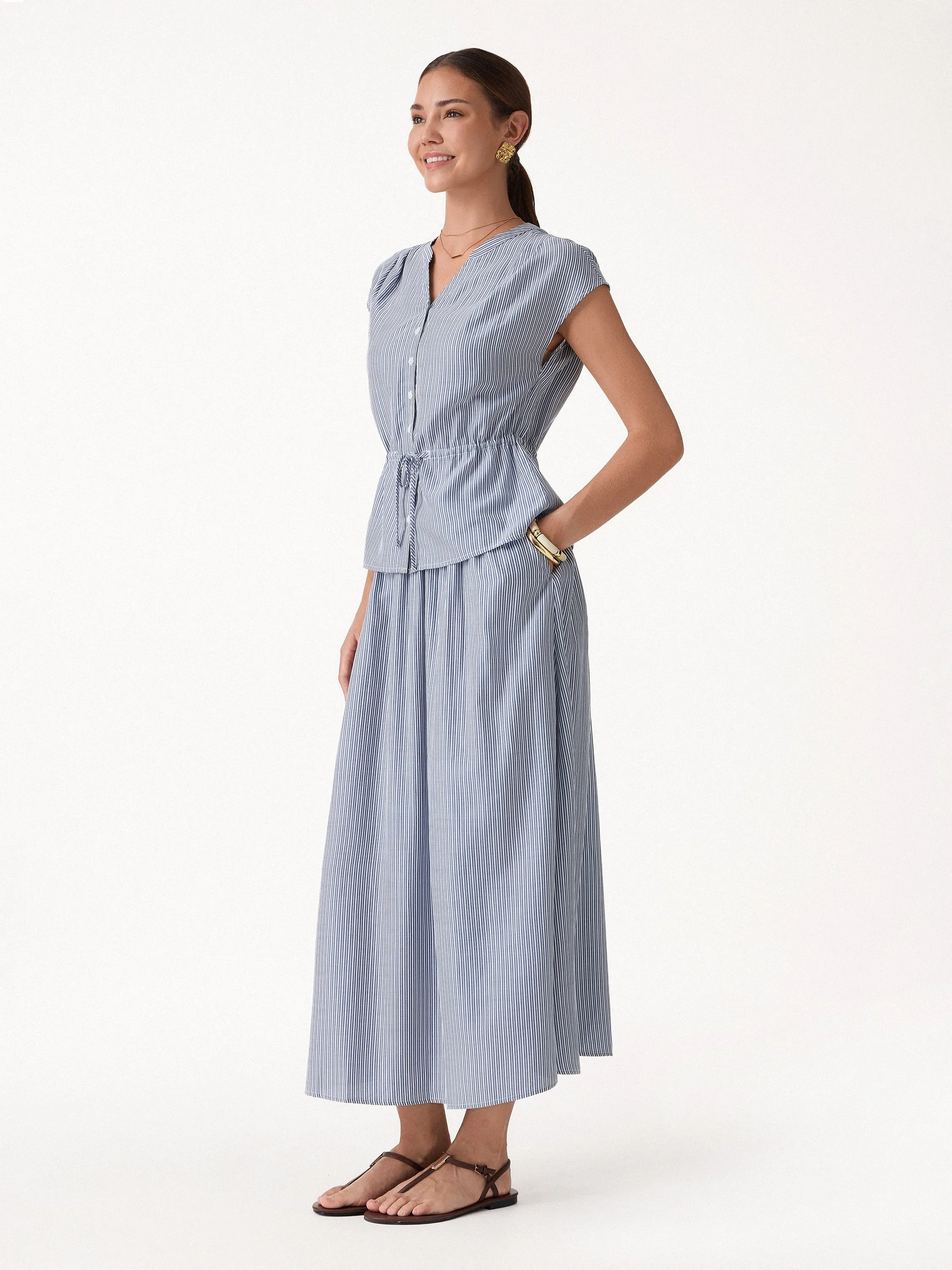 2Pcs Set Drawstring Waist Poplin Shirt & High Rise Midi Skirt with Pockets sold by OGLmove product image thumbnail 3
