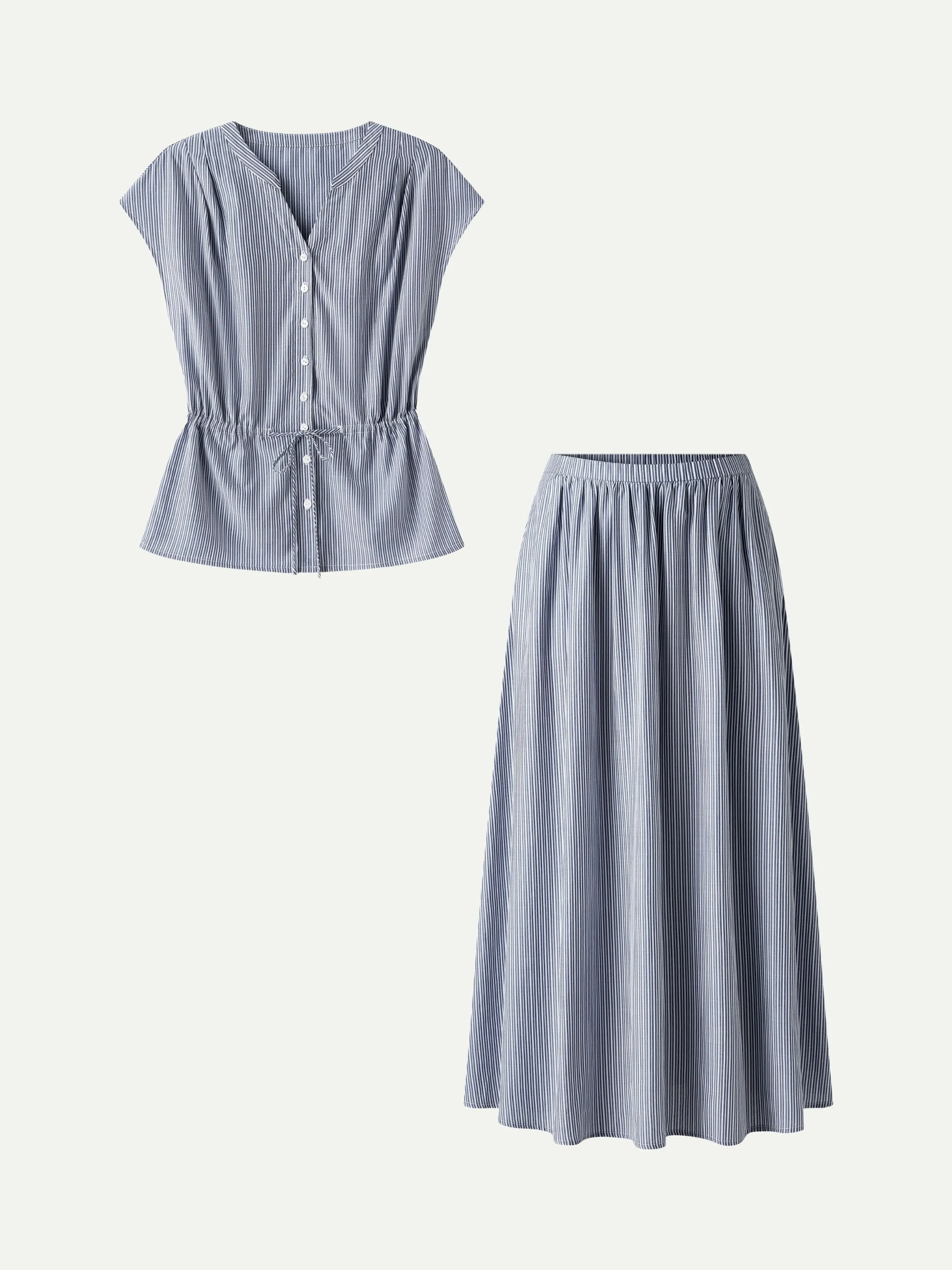 2Pcs Set Drawstring Waist Poplin Shirt & High Rise Midi Skirt with Pockets sold by OGLmove product image thumbnail 2