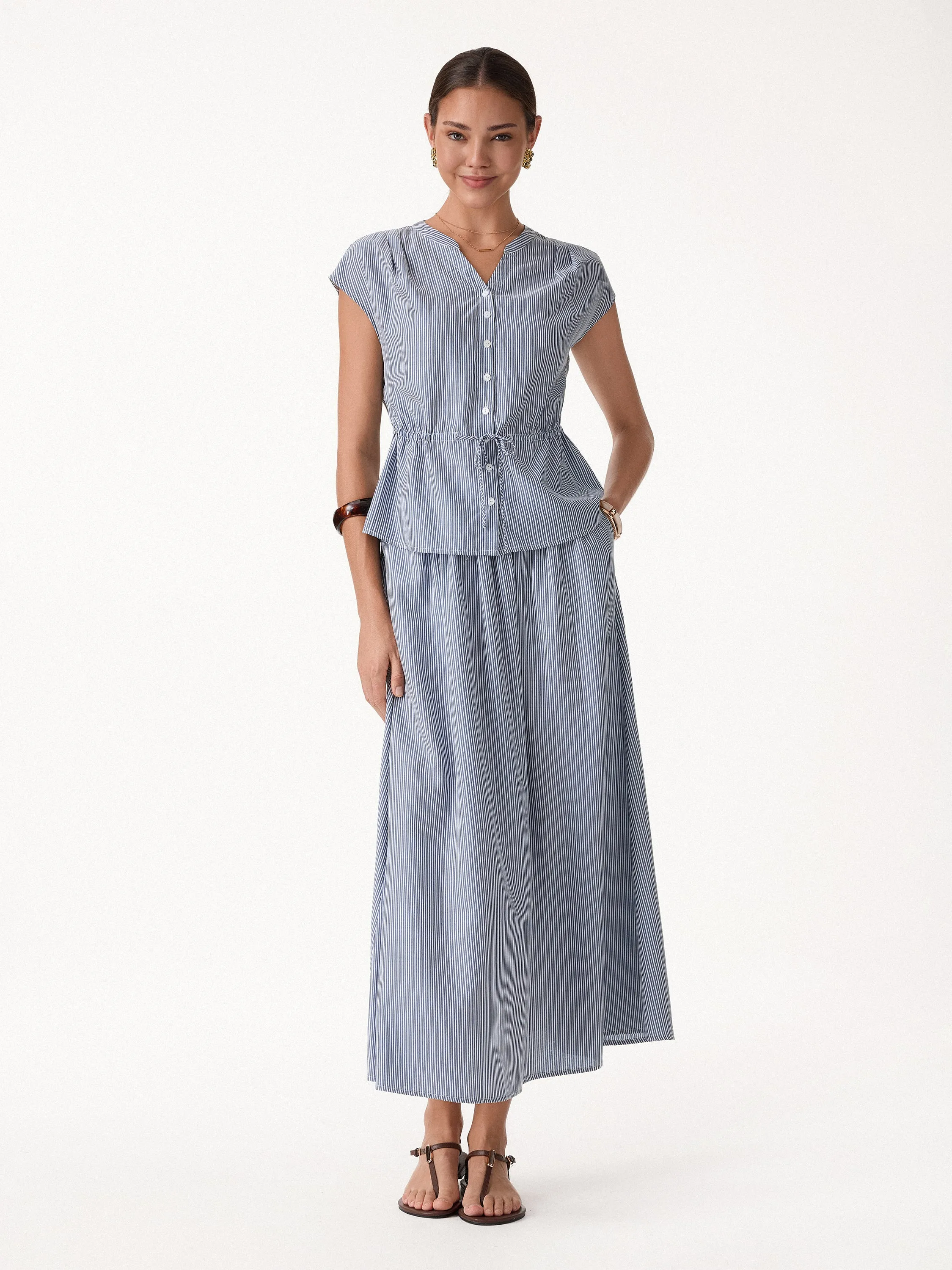 2Pcs Set Drawstring Waist Poplin Shirt & High Rise Midi Skirt with Pockets sold by OGLmove