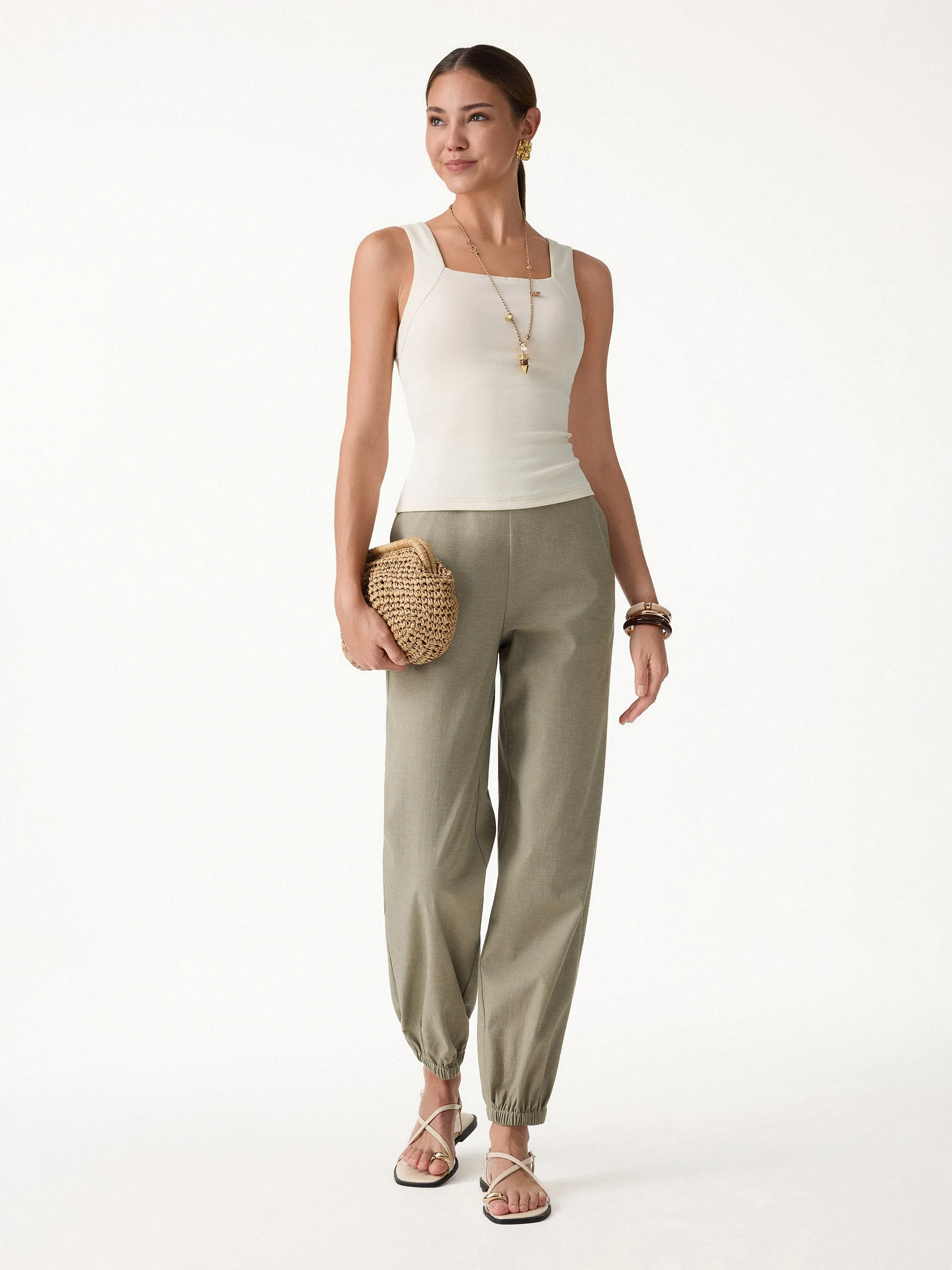 Linen-like High-Rise Balloon Jogger Pants with Pockets sold by OGLmove product image thumbnail 5