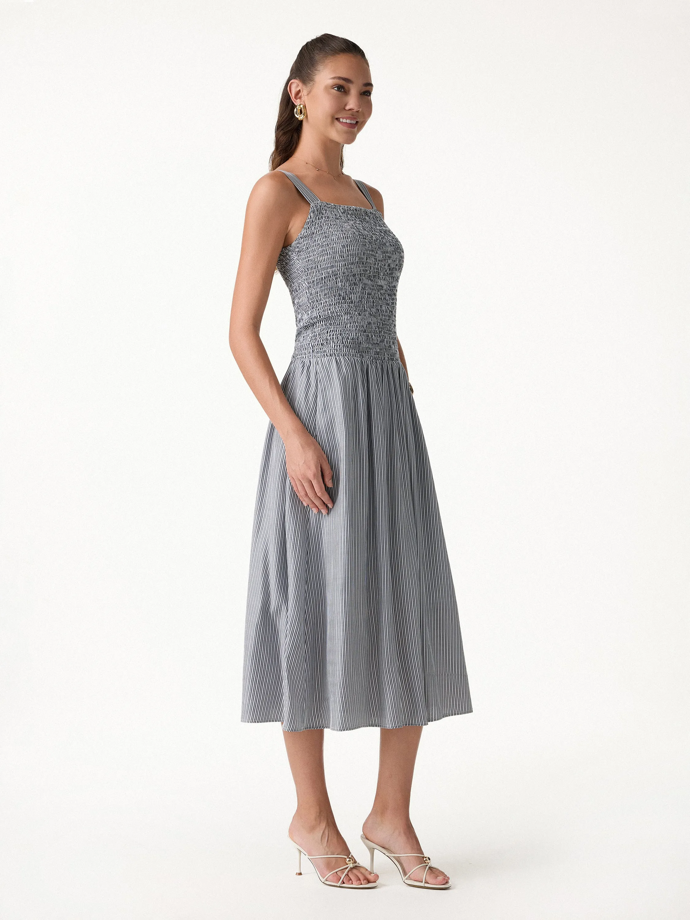 Striped Poplin Square Neck Smocked Midi Bra Dress sold by OGLmove product image thumbnail 3