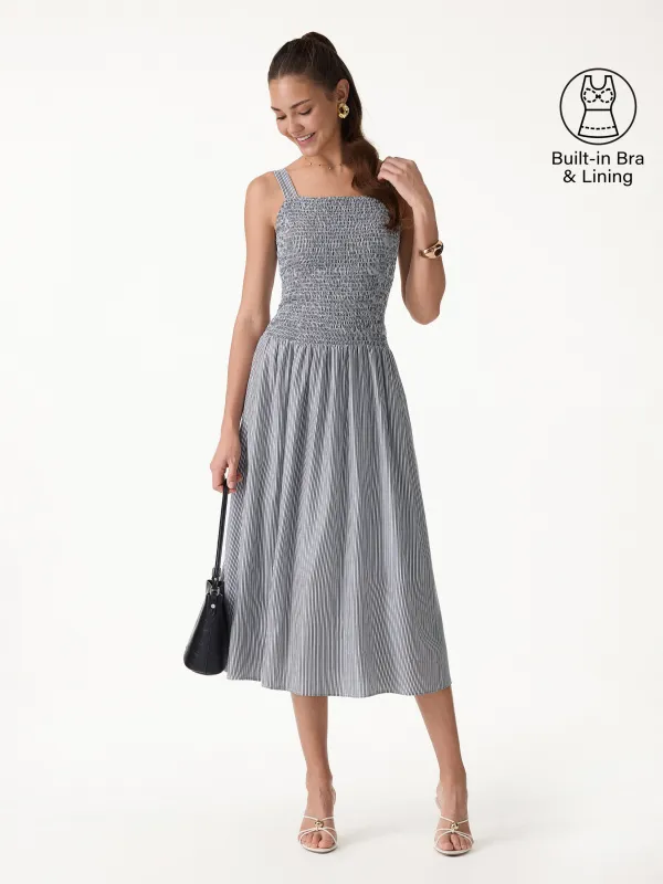 Striped Poplin Square Neck Smocked Midi Bra Dress made by OGLmove