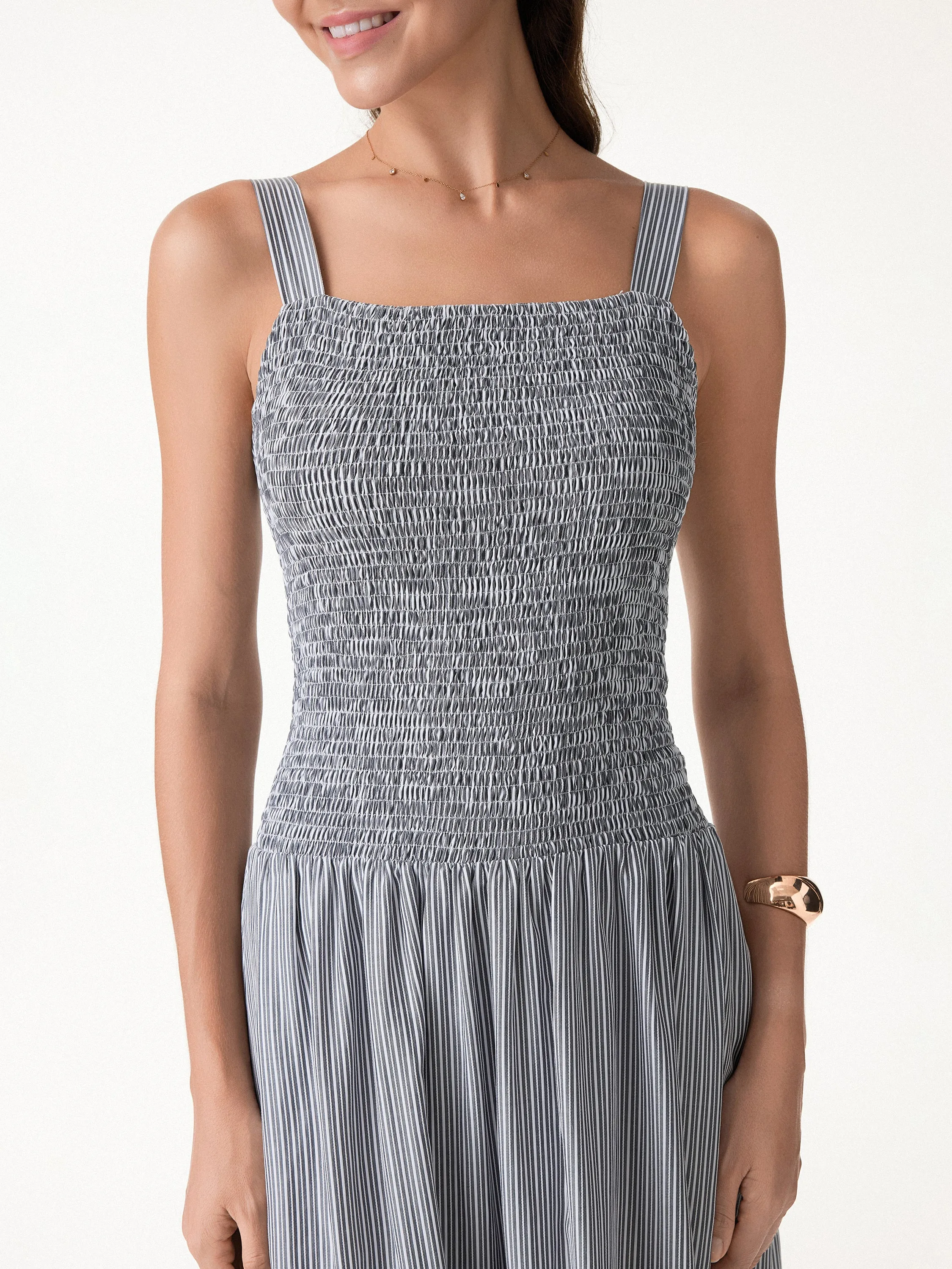 Striped Poplin Square Neck Smocked Midi Bra Dress sold by OGLmove product image thumbnail 2